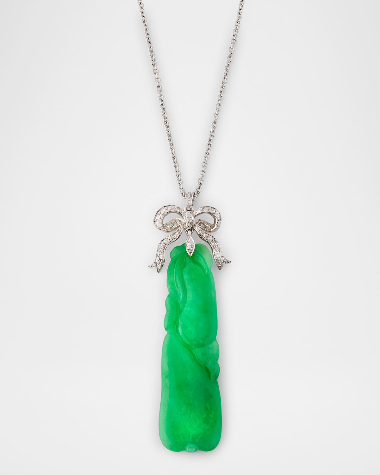 Estate Platinum and 18K Gold Carved Jadeite Pendant Necklace with Diamonds 0