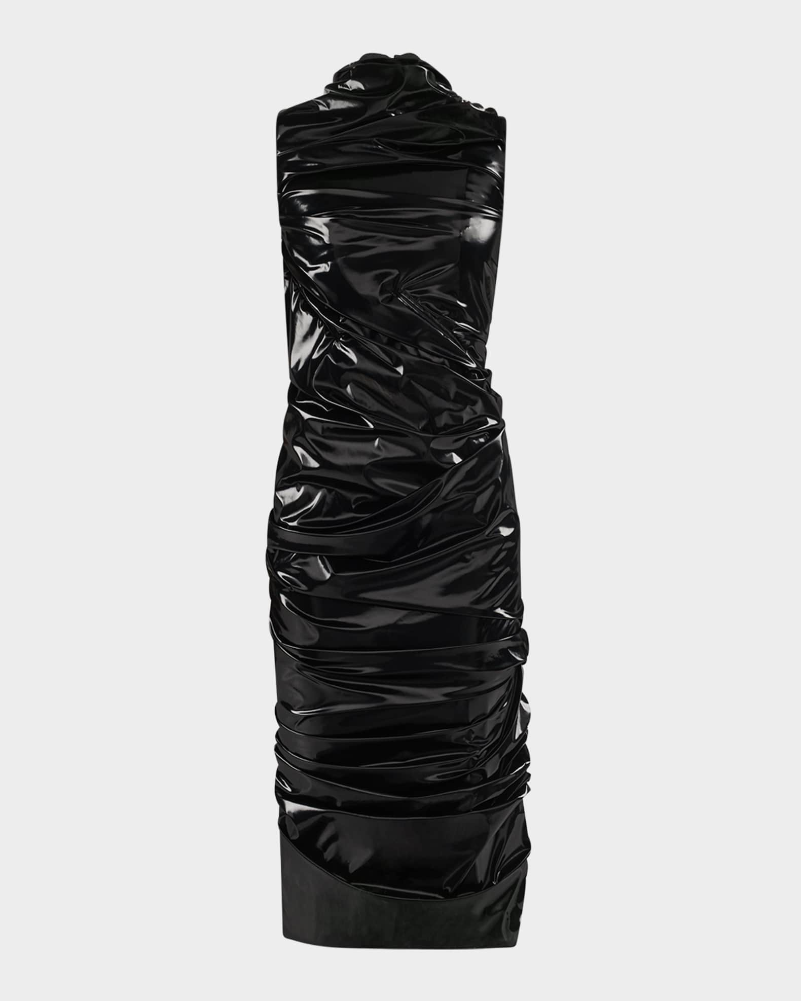 Alexander McQueen High-Neck Laminated Jersey Wrap Dress | Neiman Marcus