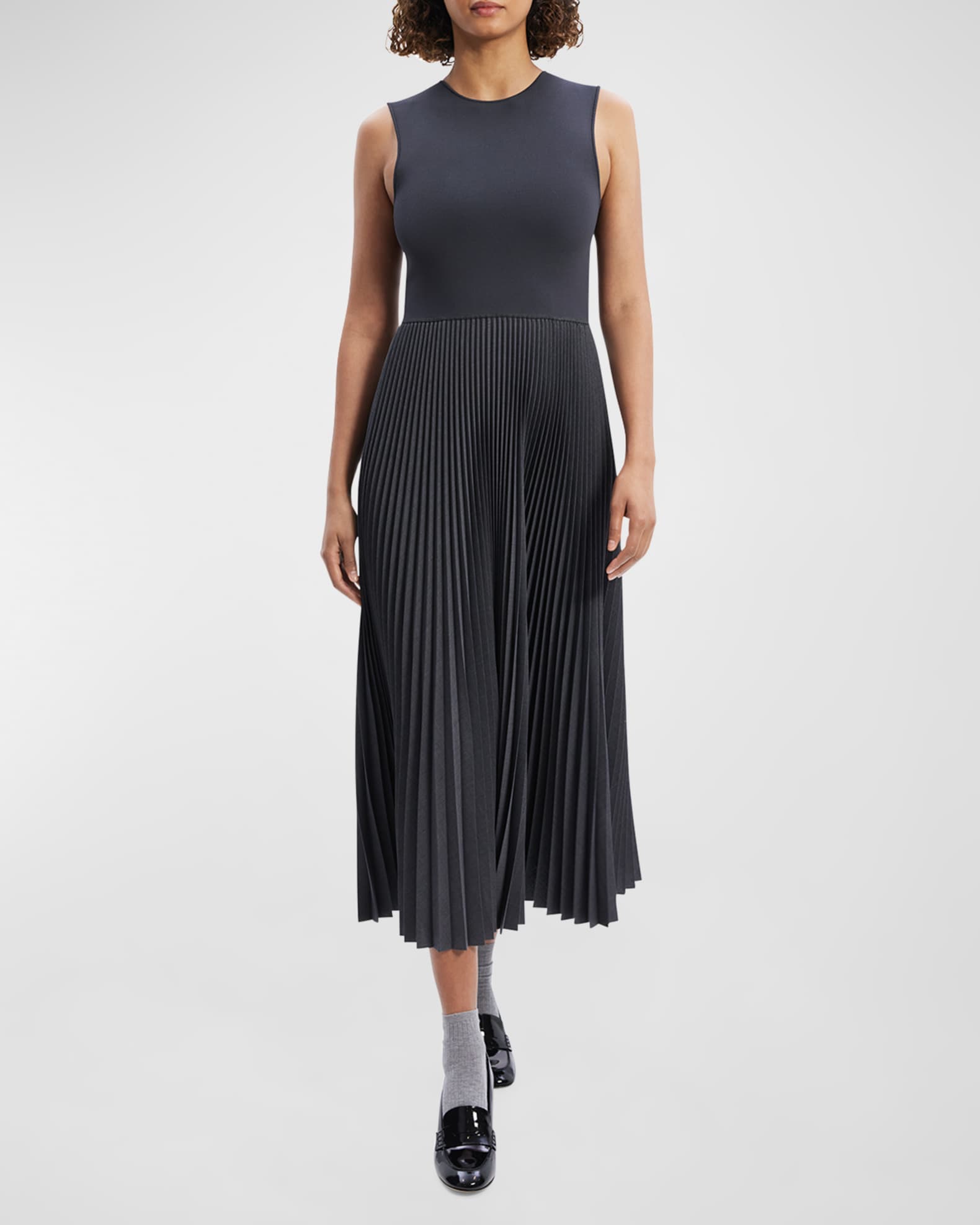 Combo Pleated Wool Suiting Sleeveless Midi Dress 1