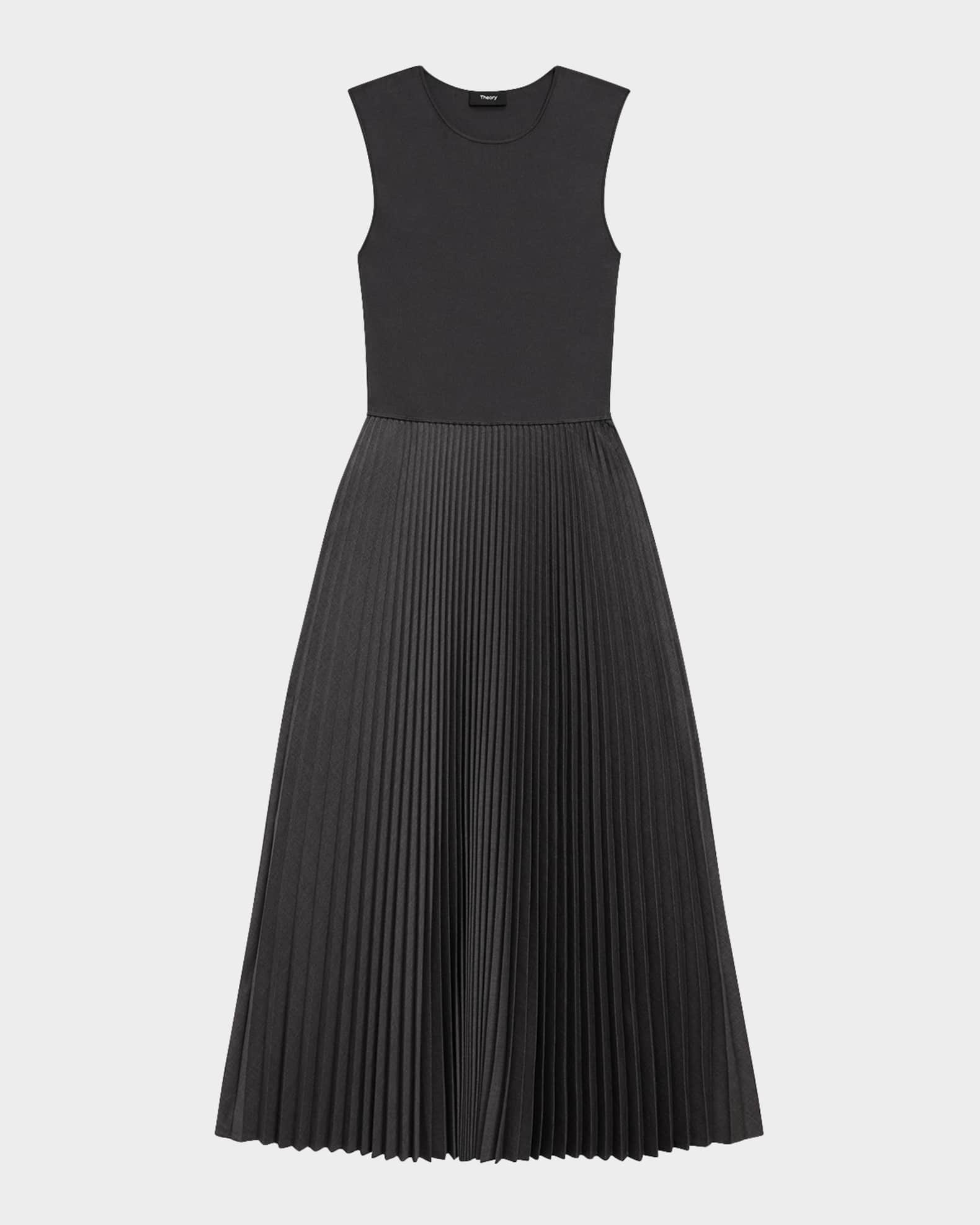 Combo Pleated Wool Suiting Sleeveless Midi Dress 0