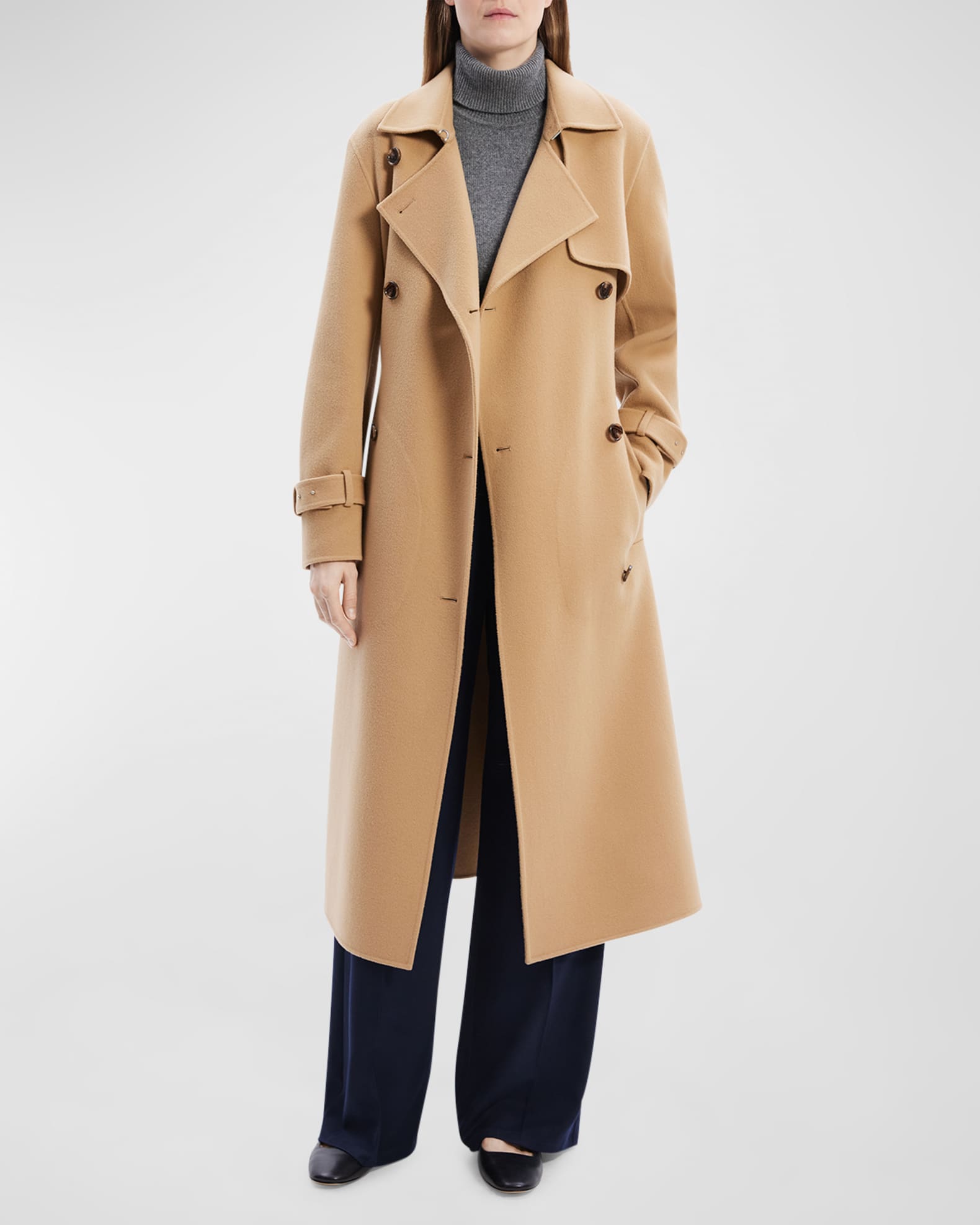 $795 THEORY ESSENTIAL DOUBLE-FACE NEW DIVIDE BLACK WOOL CASHMERE COAT P S