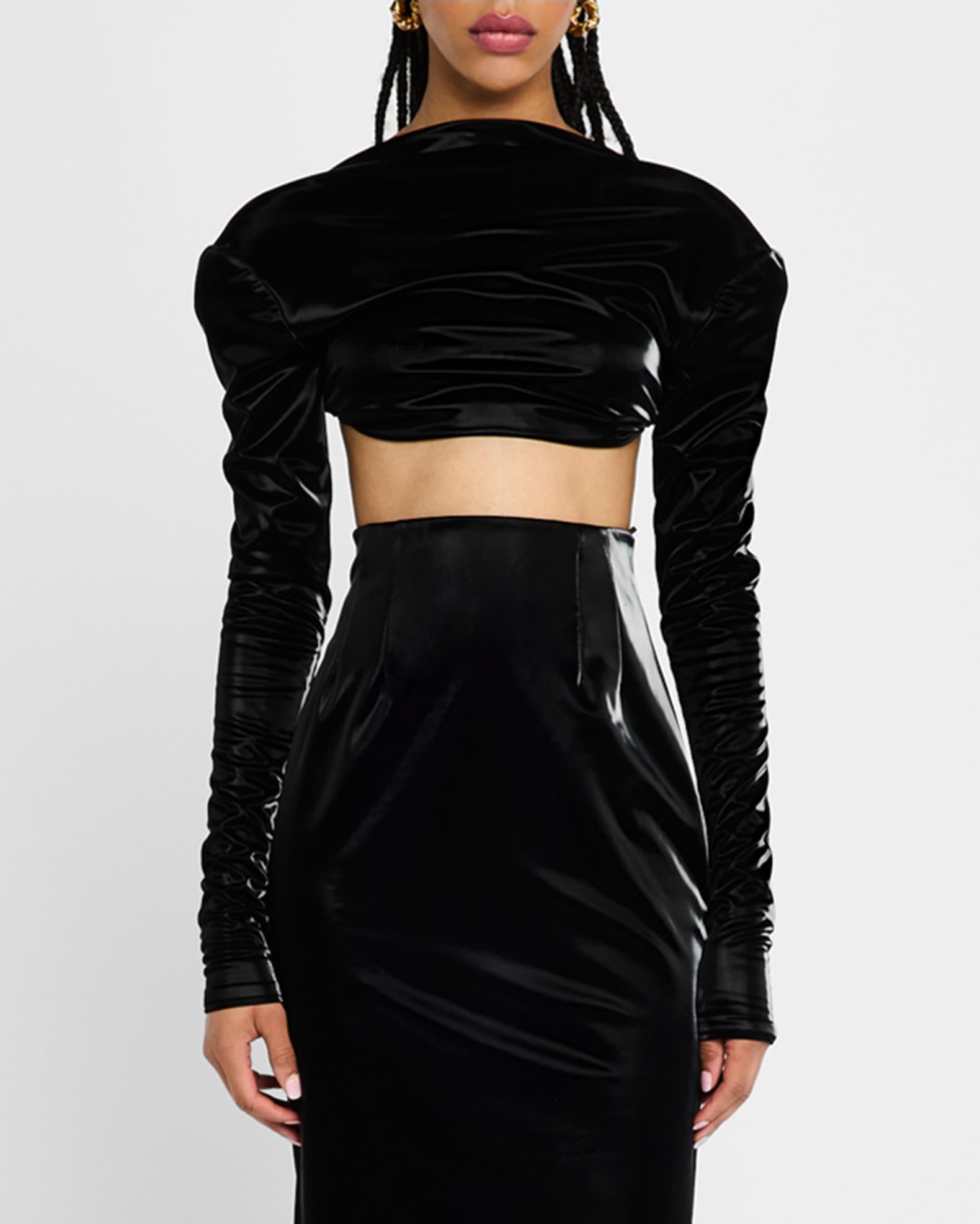 Portrait-Neck Long-Sleeve Backless Crop Top 0