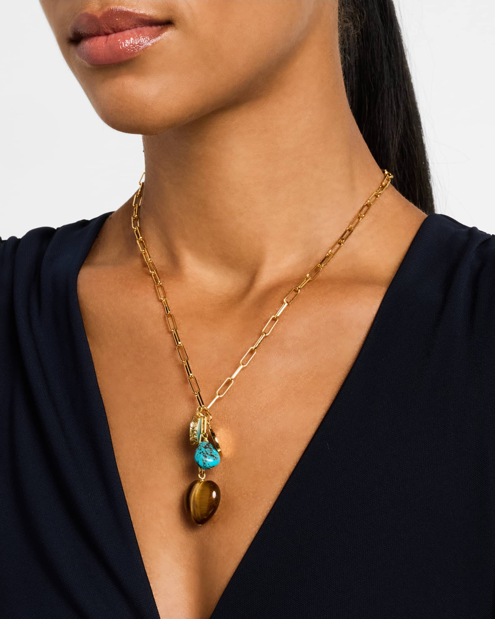 Tiger's Eye and Turquoise Heart Charm Necklace  1