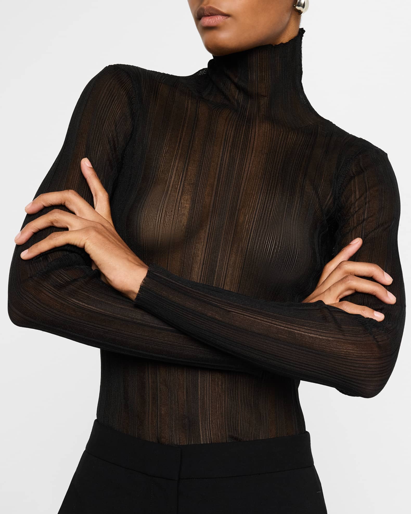 Sheer Plisse Turtleneck Top