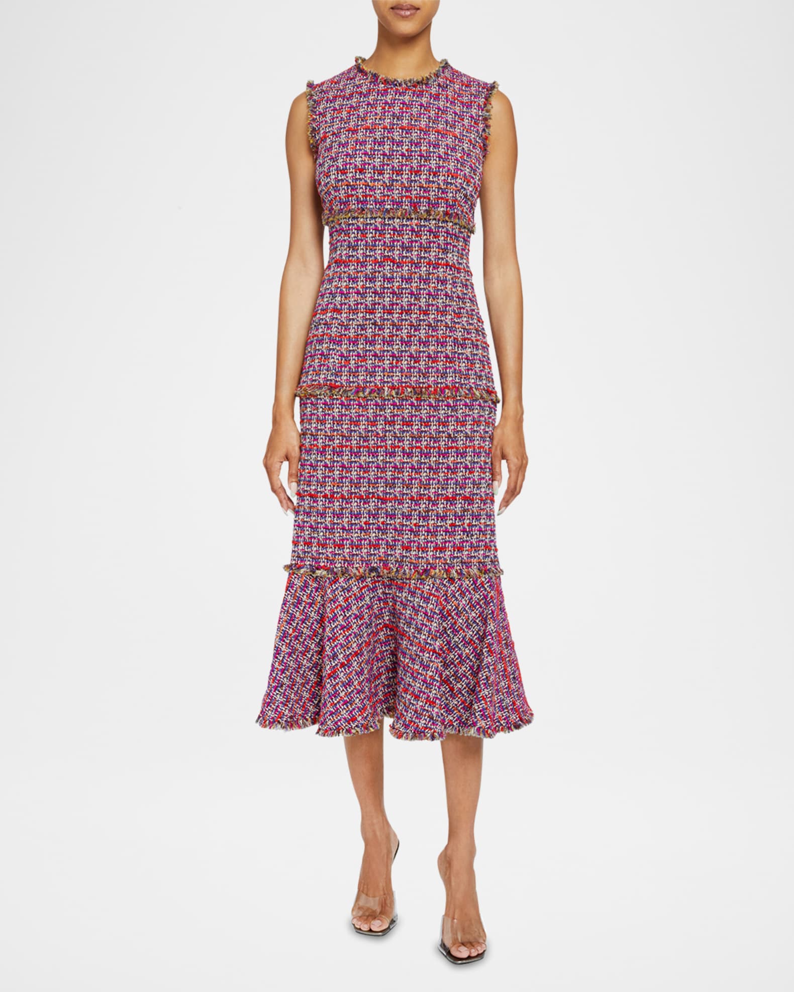 Andi Tiered Fringe-Trim Tweed Midi Dress 0