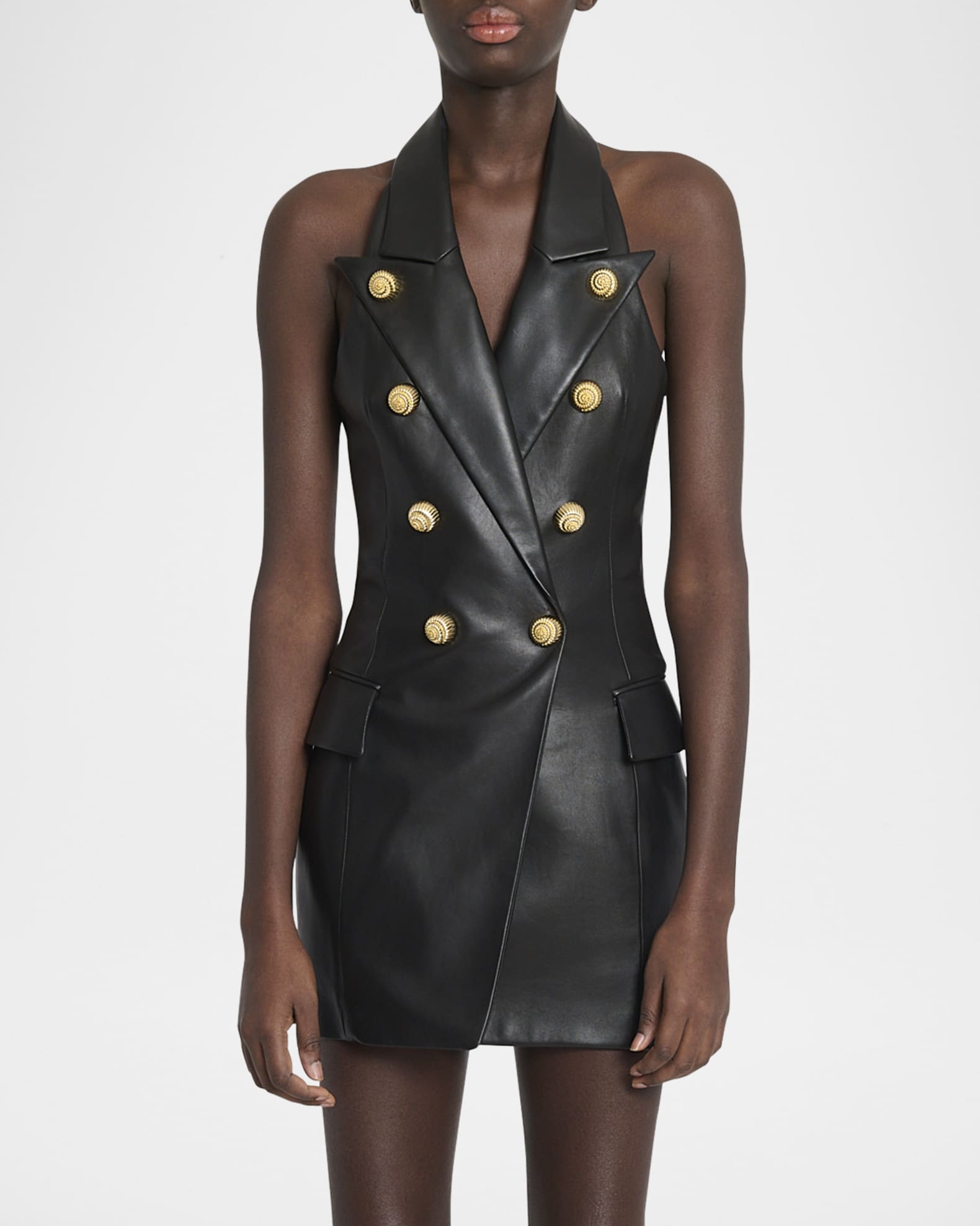Halter-Neck Tailored Lambskin Leather Mini Dress 1
