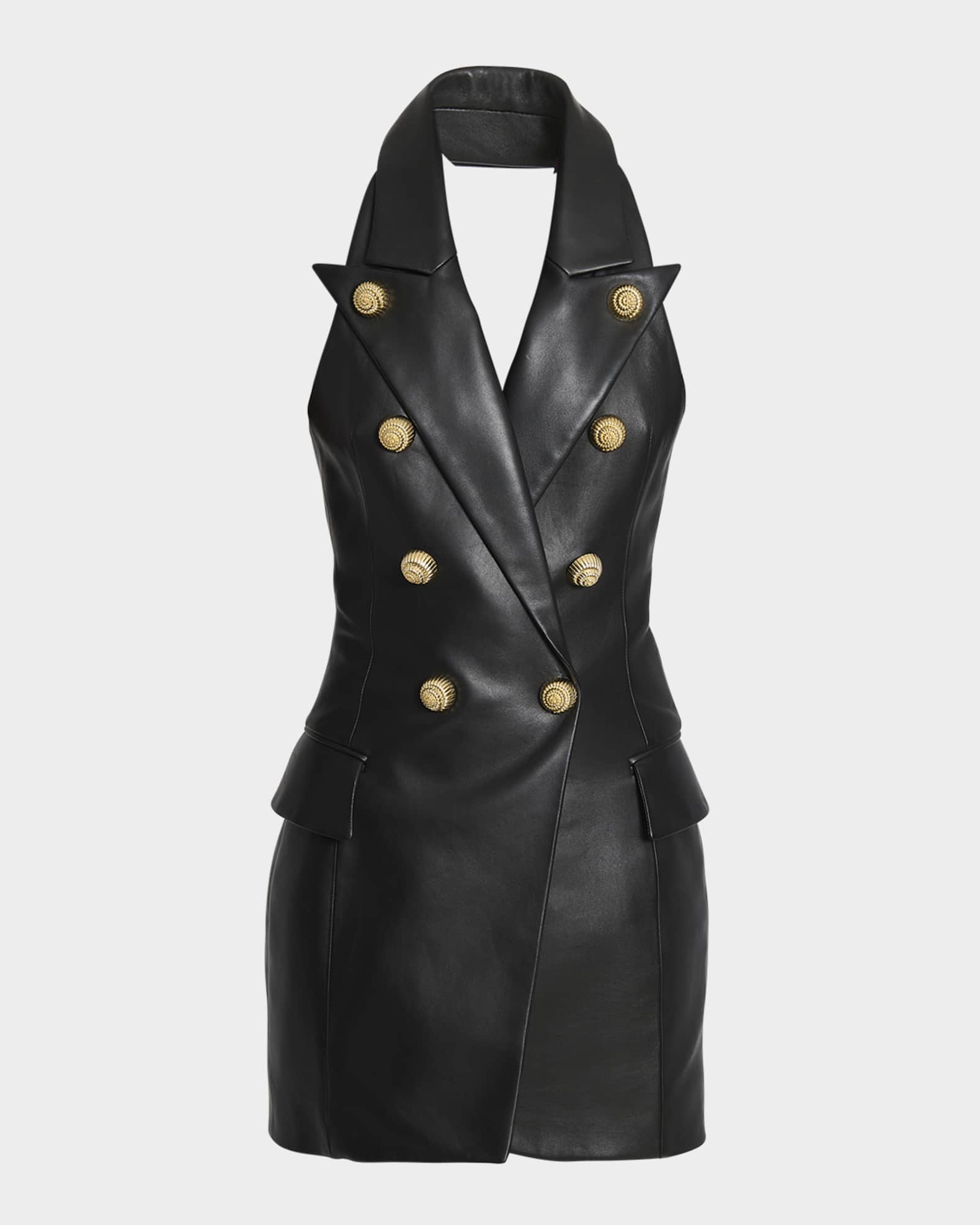 Halter-Neck Tailored Lambskin Leather Mini Dress 0