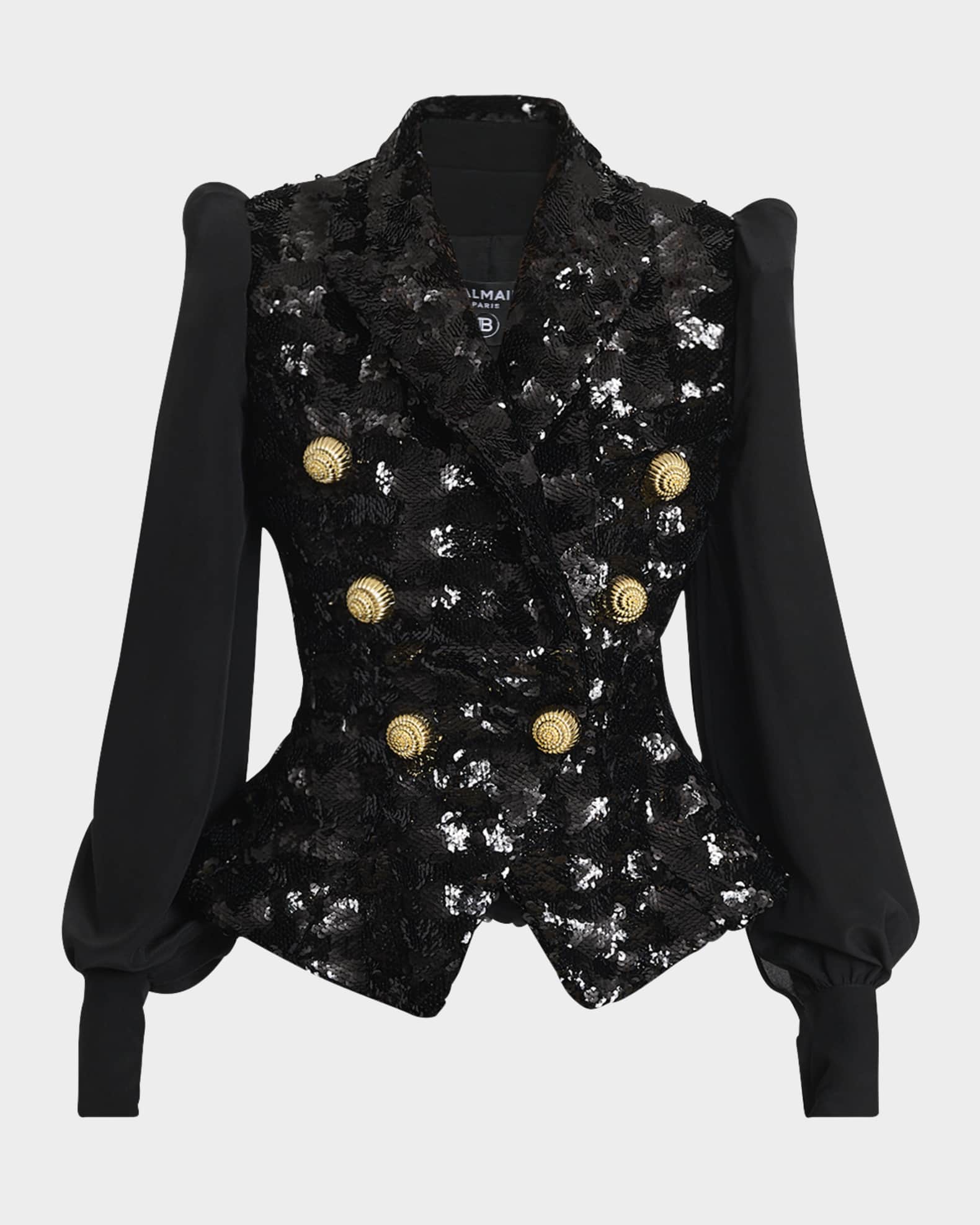 Sequined Double-Breasted Blazer with Muslin Sleeves 0