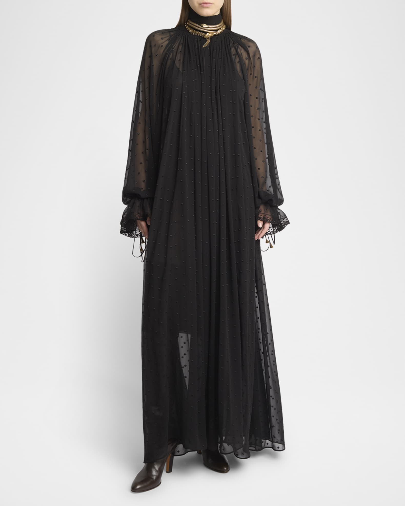 Turtleneck Long-Sleeve Swiss Dot Silk Maxi Dress 1