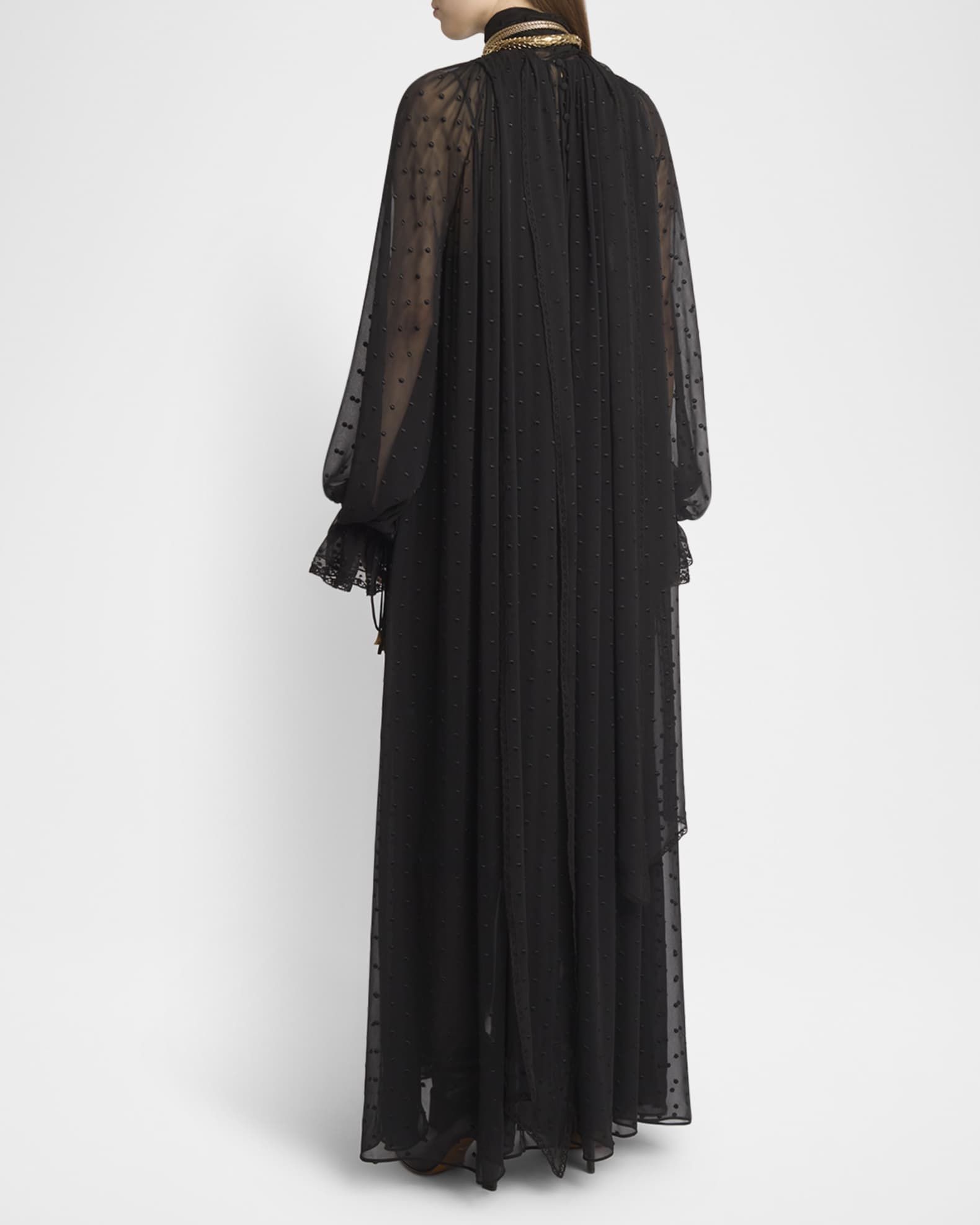 Chloe Turtleneck Long-Sleeve Swiss Dot Silk Maxi Dress