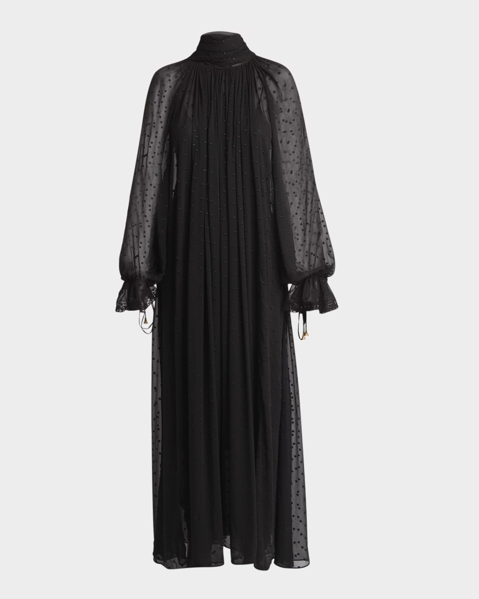 Turtleneck Long-Sleeve Swiss Dot Silk Maxi Dress 0