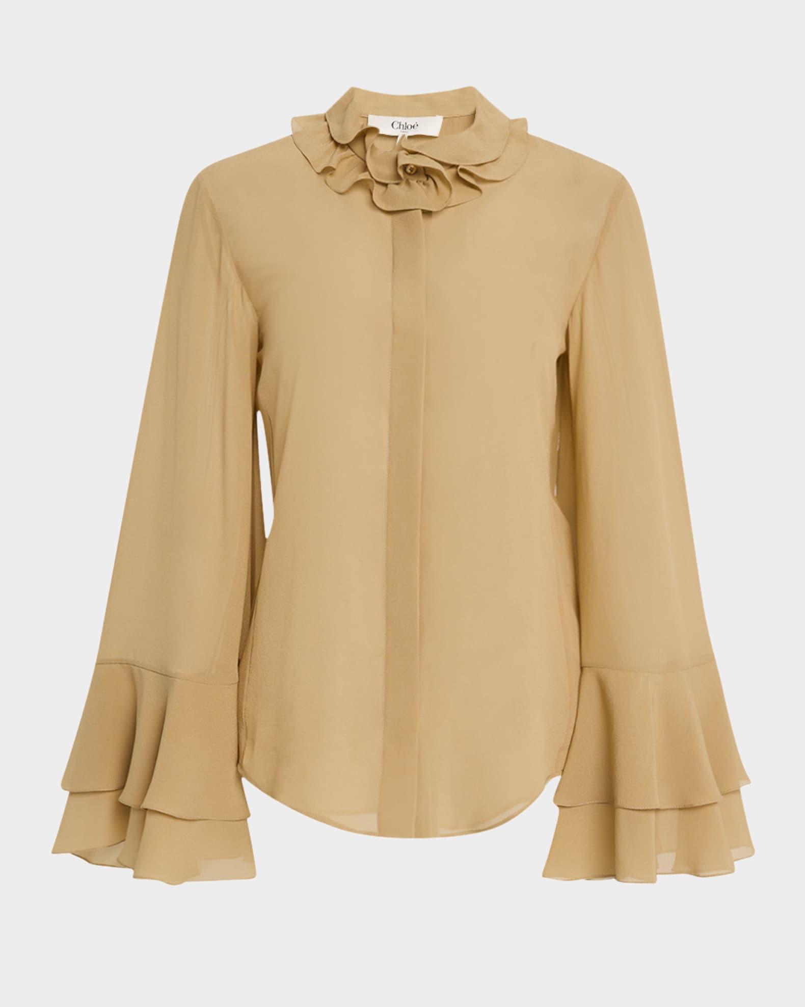 Tiered Ruffle Button-Down Silk Top 0
