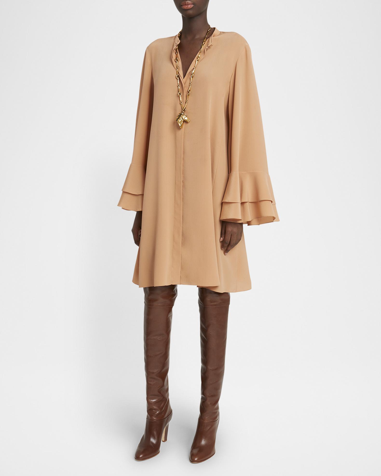 Chloe Tiered Ruffle Long-Sleeve Silk Shirtdress | Neiman Marcus