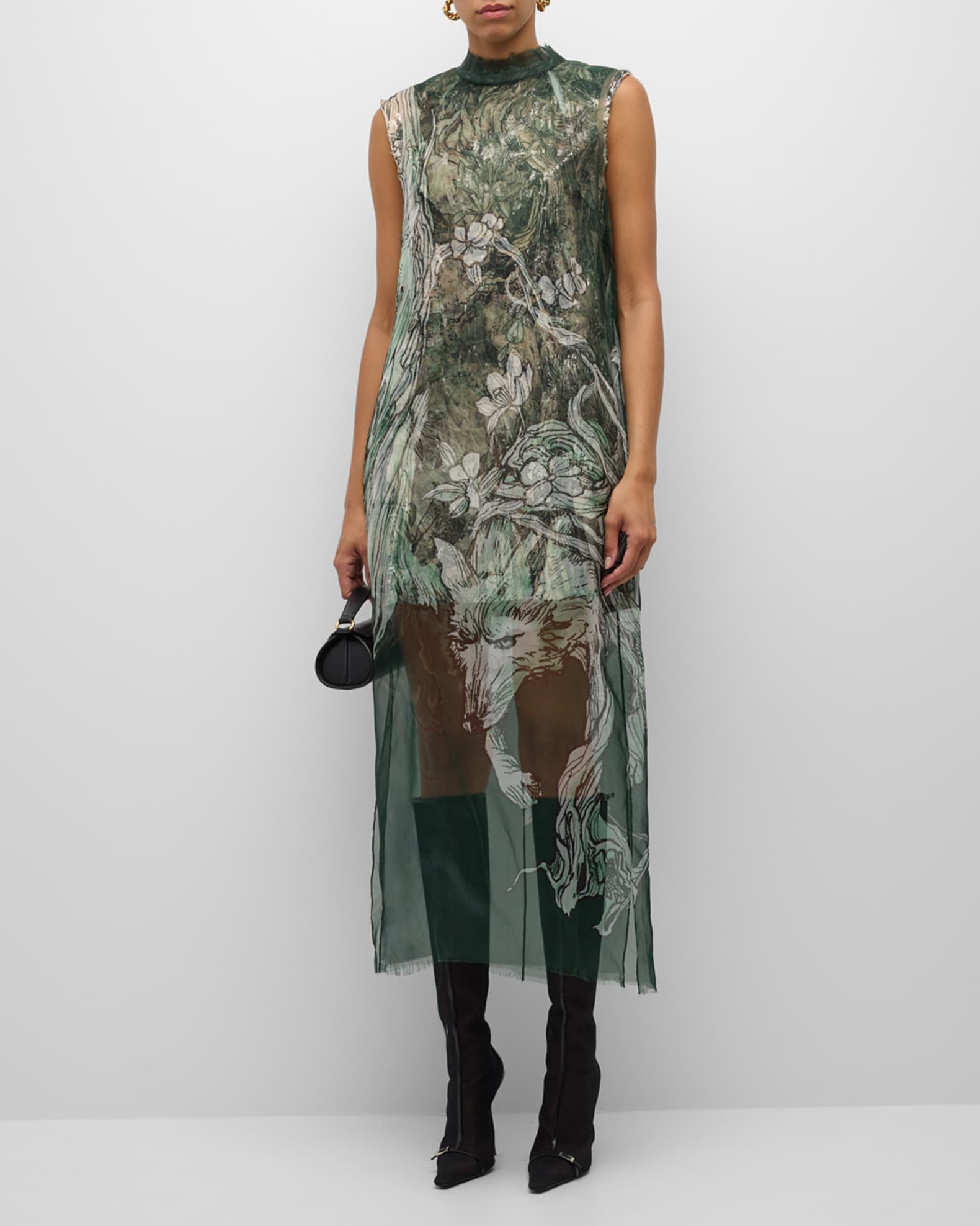 Printed Organza Sleeveless Midi Dress With Crinkle Foil Lining 1