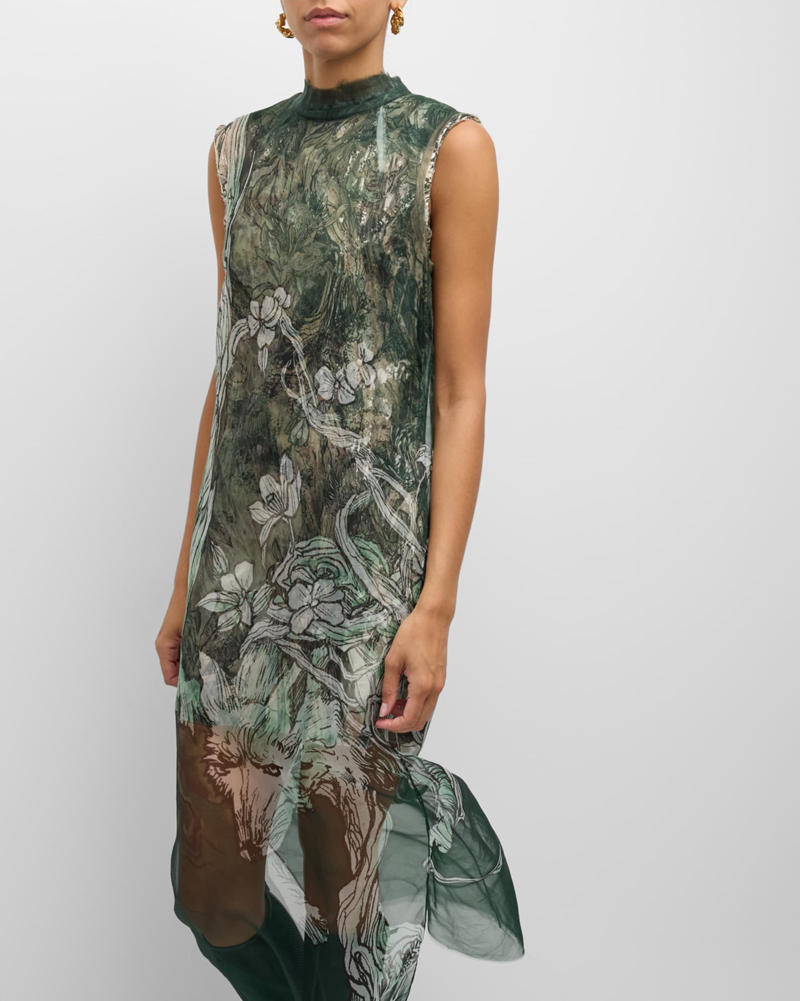 Jason Wu Collection Printed Organza Sleeveless Midi Dress With Crinkle Foil Lining Neiman Marcus
