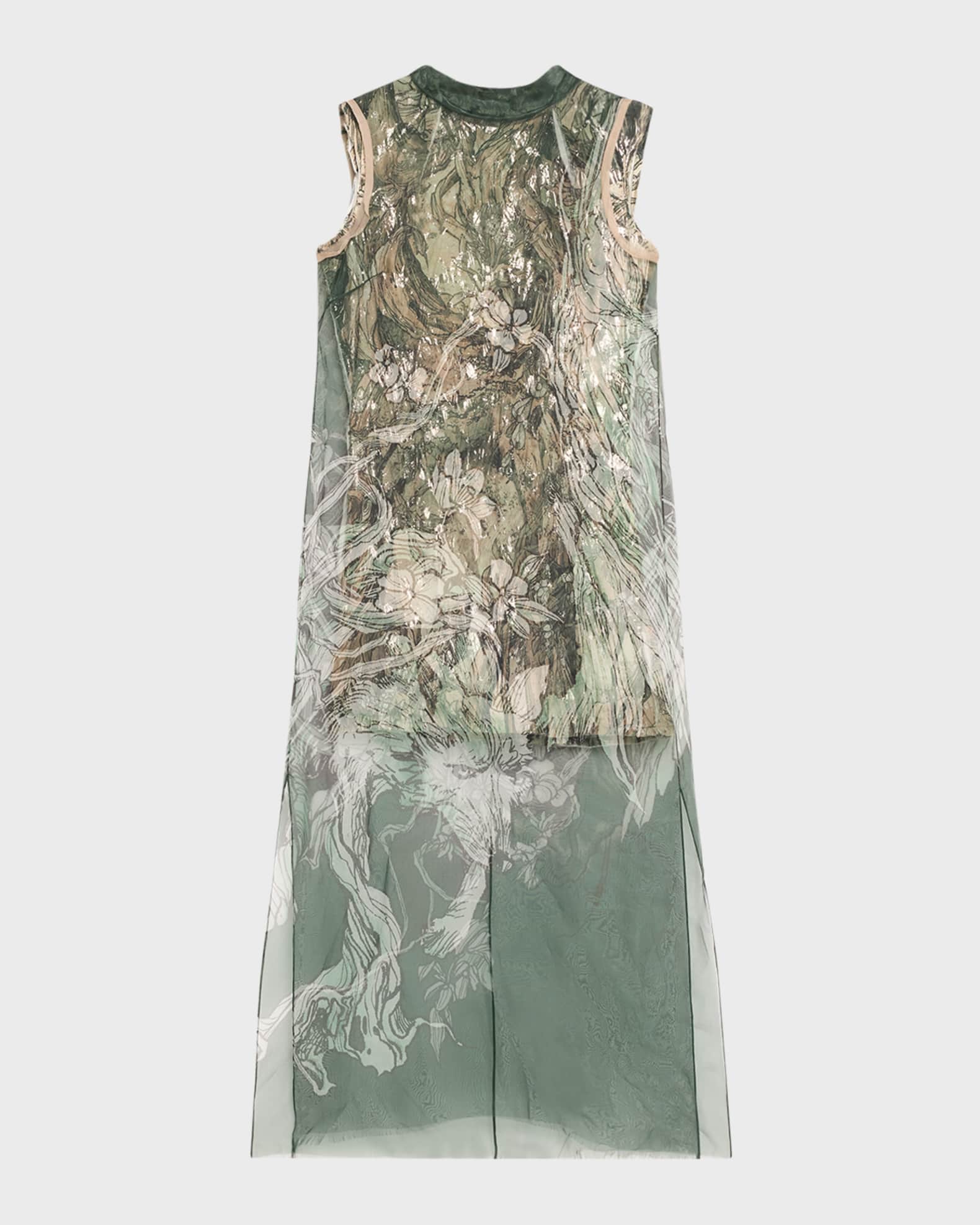 Printed Organza Sleeveless Midi Dress With Crinkle Foil Lining 0