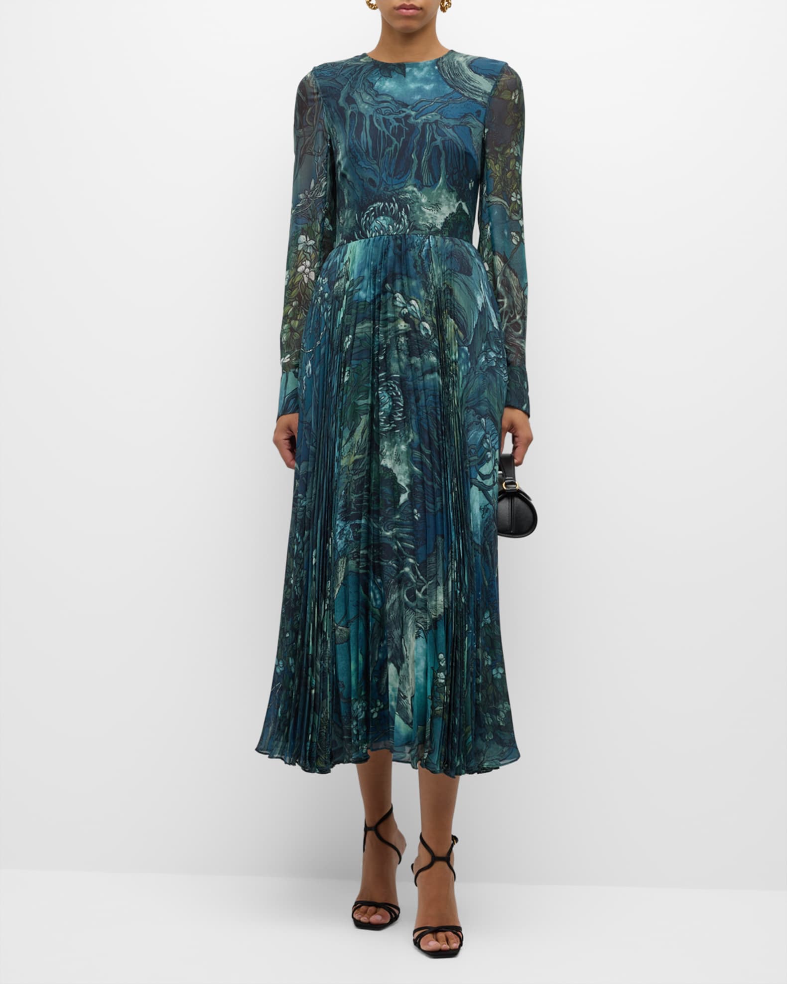 Long-Sleeve Pleated Chiffon Midi Dress 1