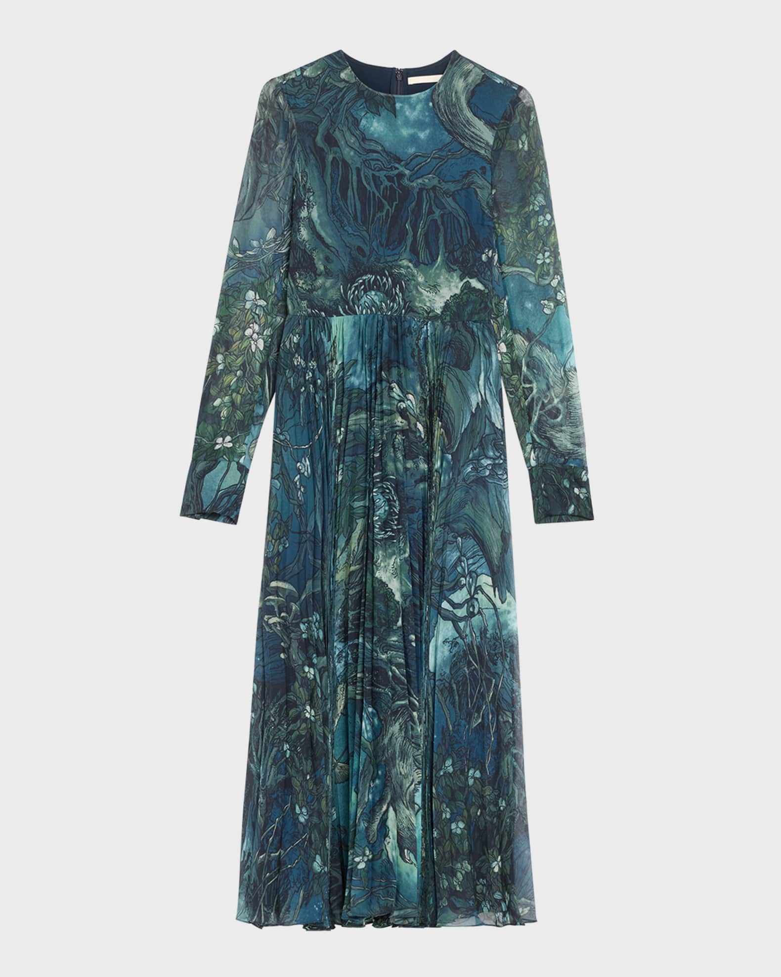 Long-Sleeve Pleated Chiffon Midi Dress 0