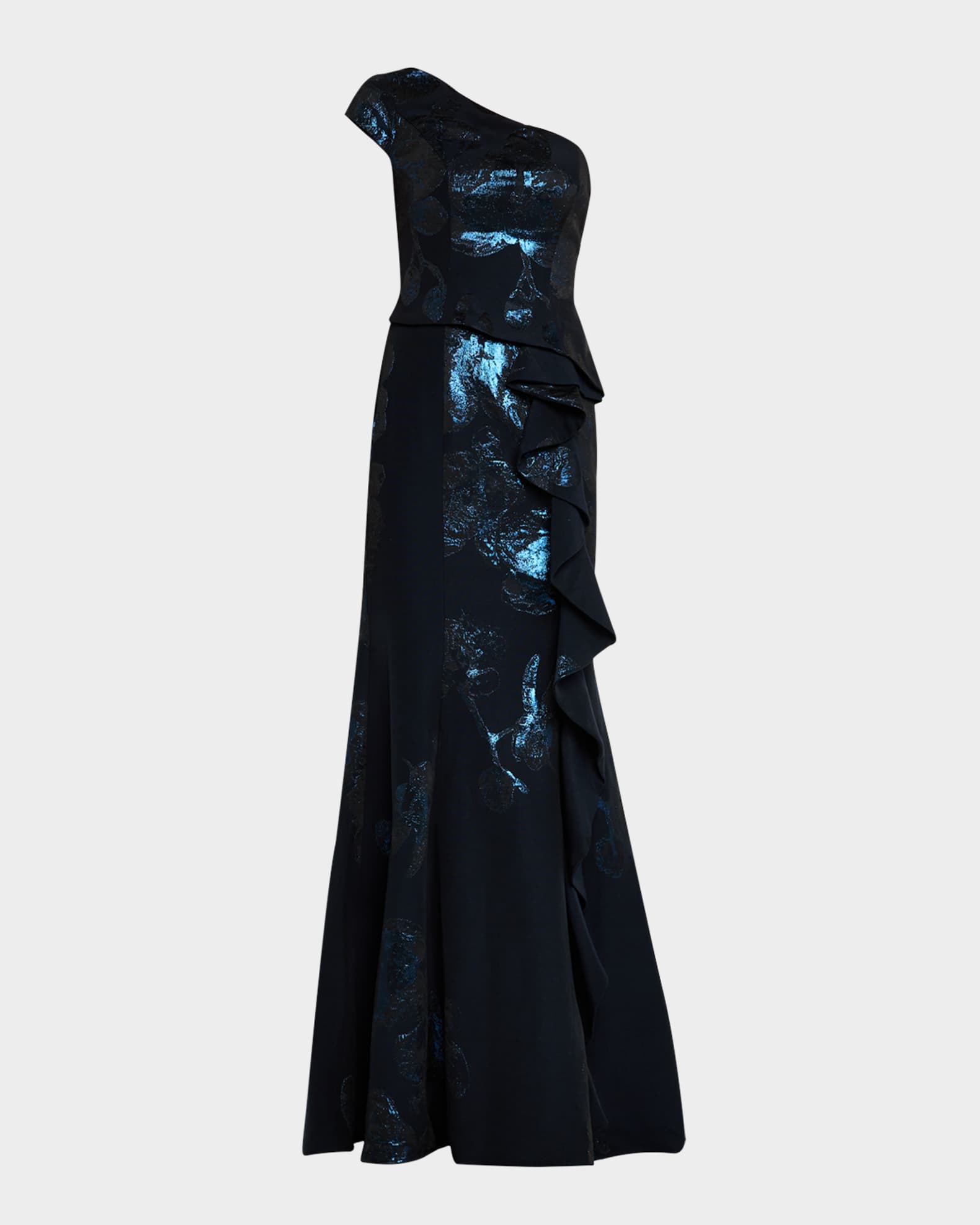 Jovani One Shoulder Ruffle Jacquard Gown Blue Women s 2 Evening Formal Gala Gowns Mother of The Bride Groom One Shoulder Gowns