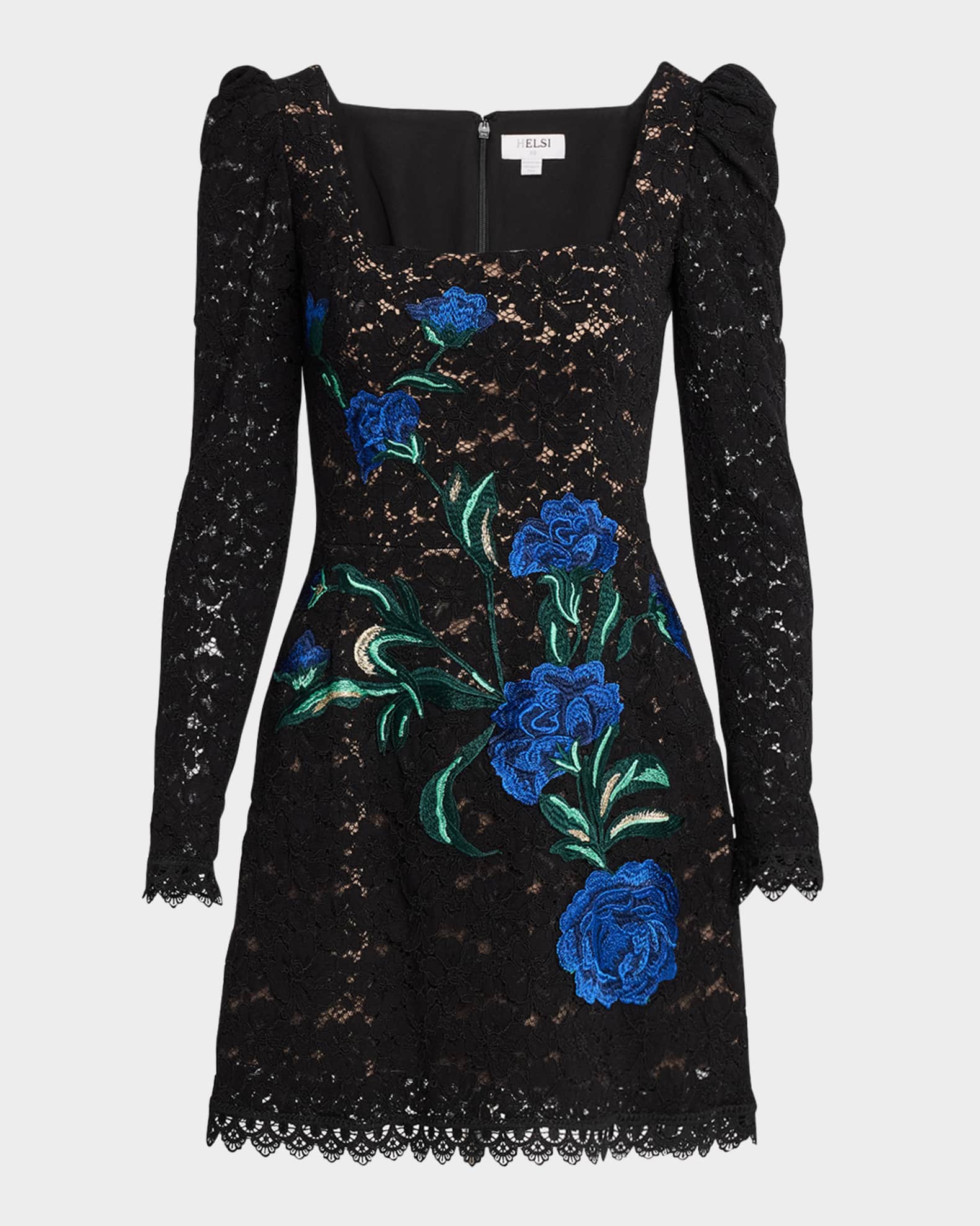 Sam Long-Sleeve Embroidered Lace Mini Dress 0