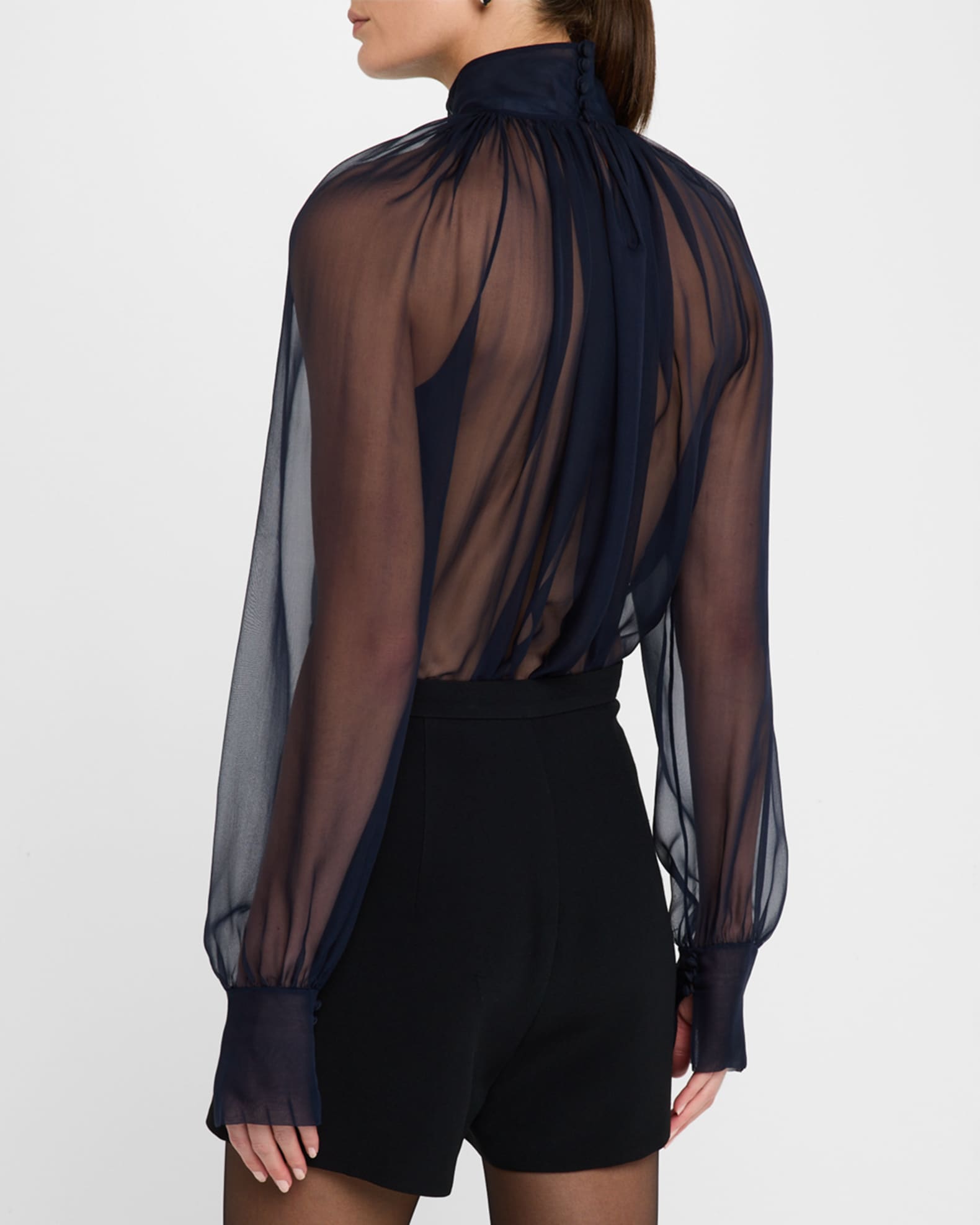 Saint Laurent Sheer Ruched Hig-Neck Blouse | Neiman Marcus