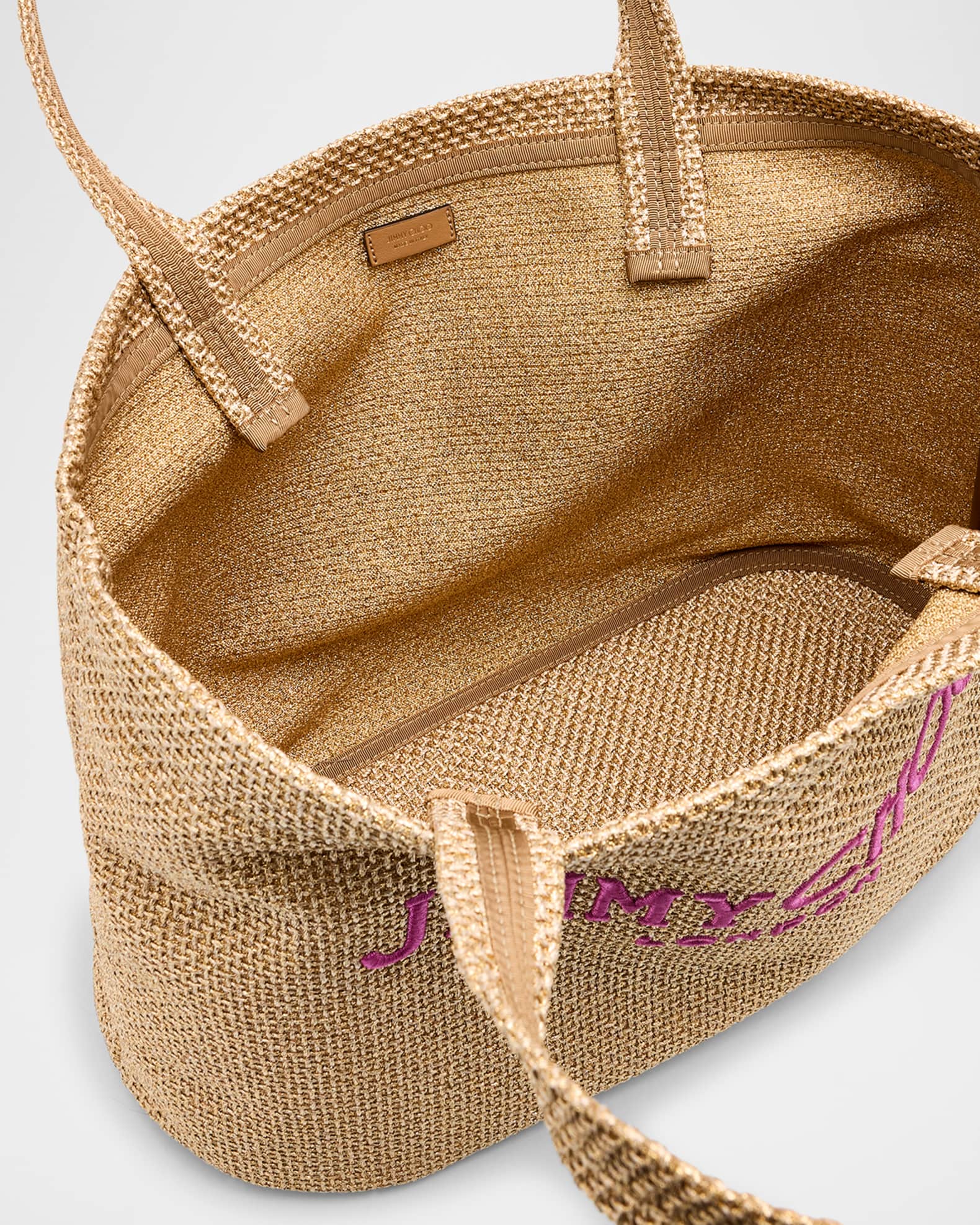 Natural Woven Raffia Basket Bag with Light Gold JC Emblem