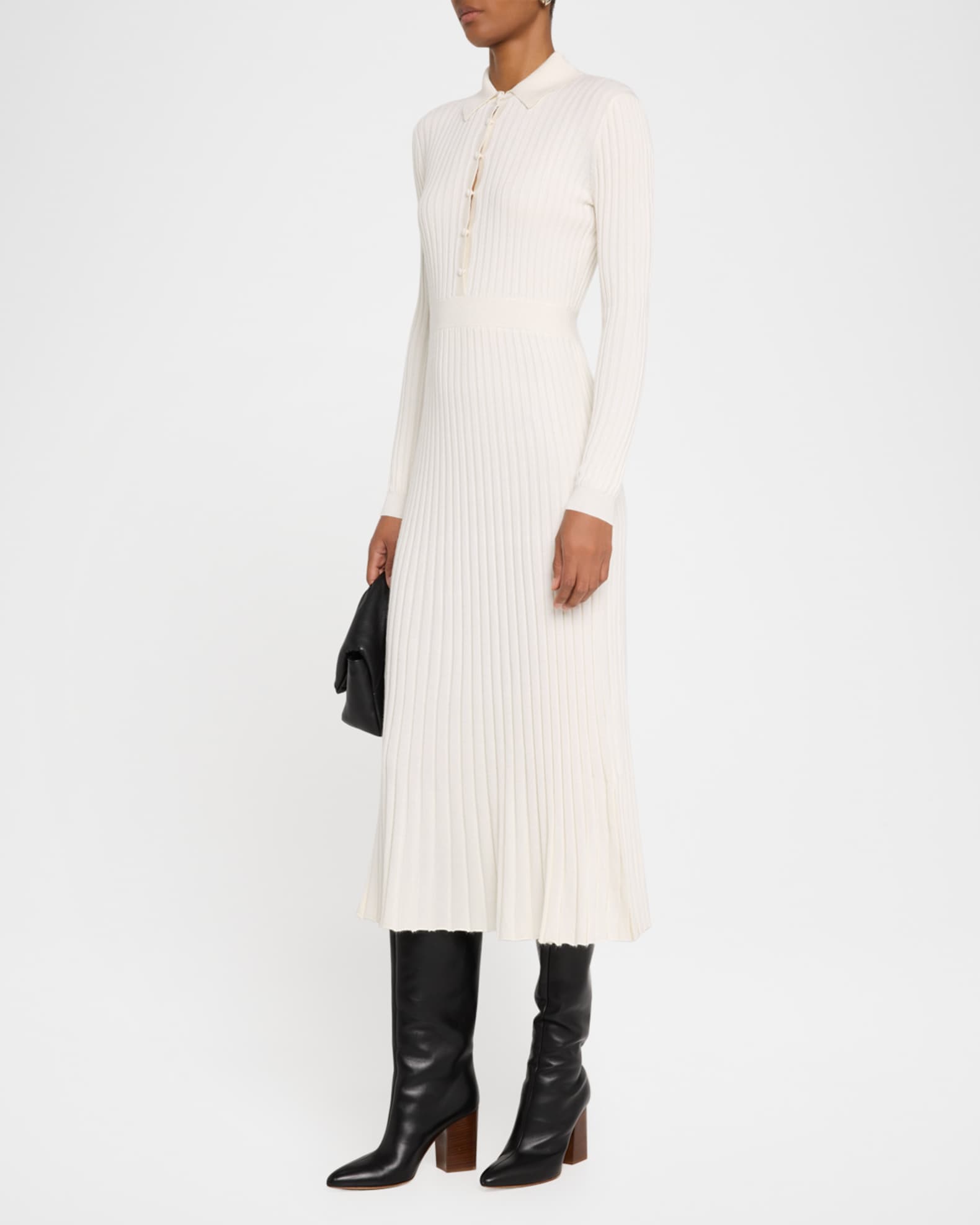 Ardor Long-Sleeve Rib-Knit Midi Polo Dress 1