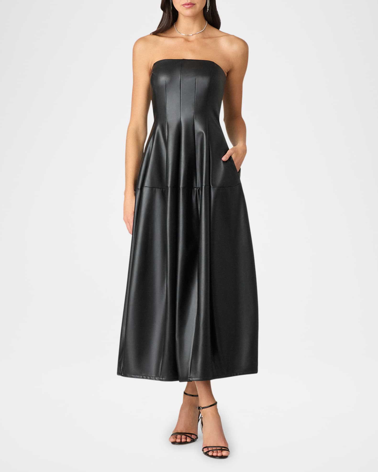Celia Strapless Faux Leather Midi Dress 0