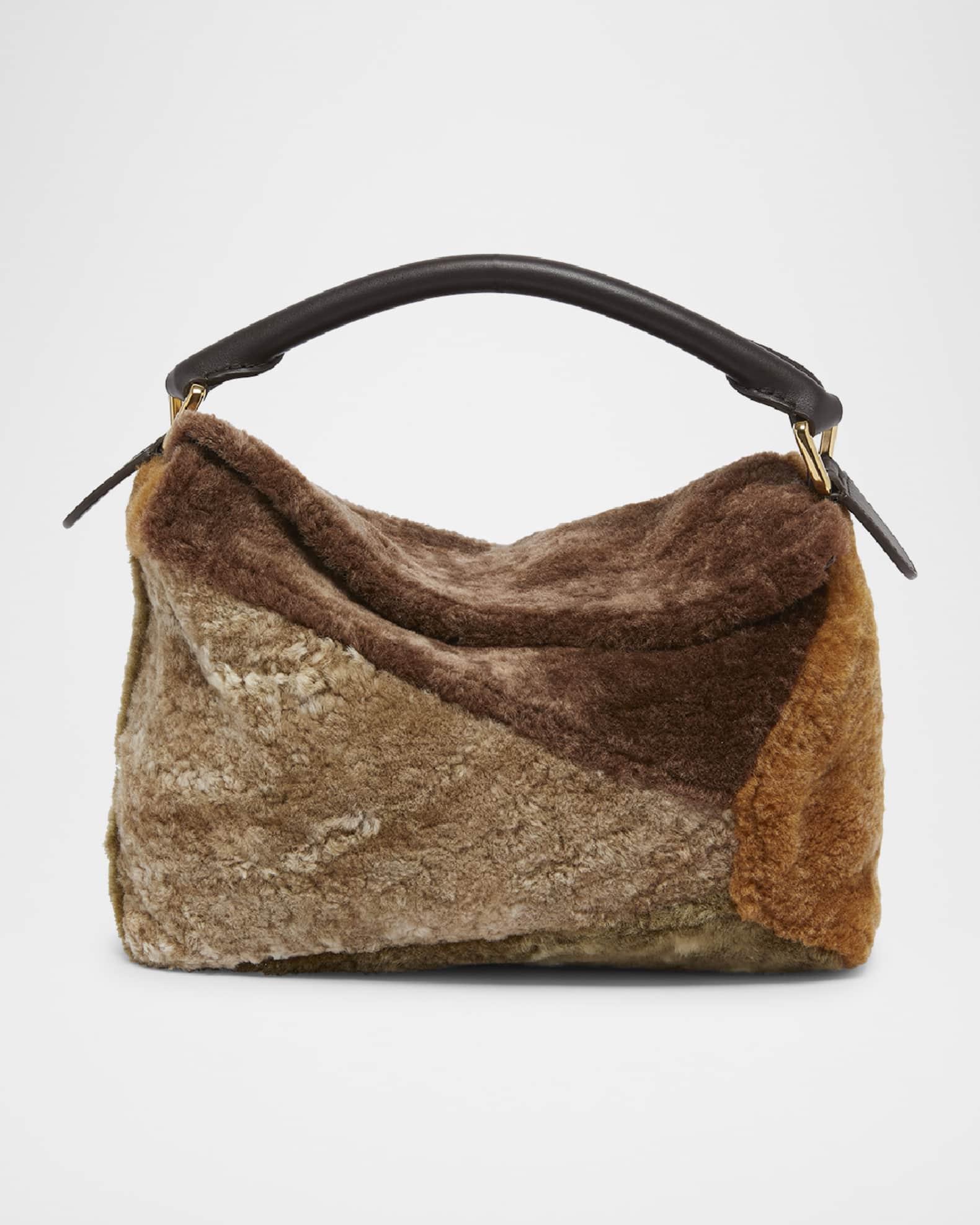 Loewe Puzzle Edge Small Shearling Fur Top Handle Bag Multicolor