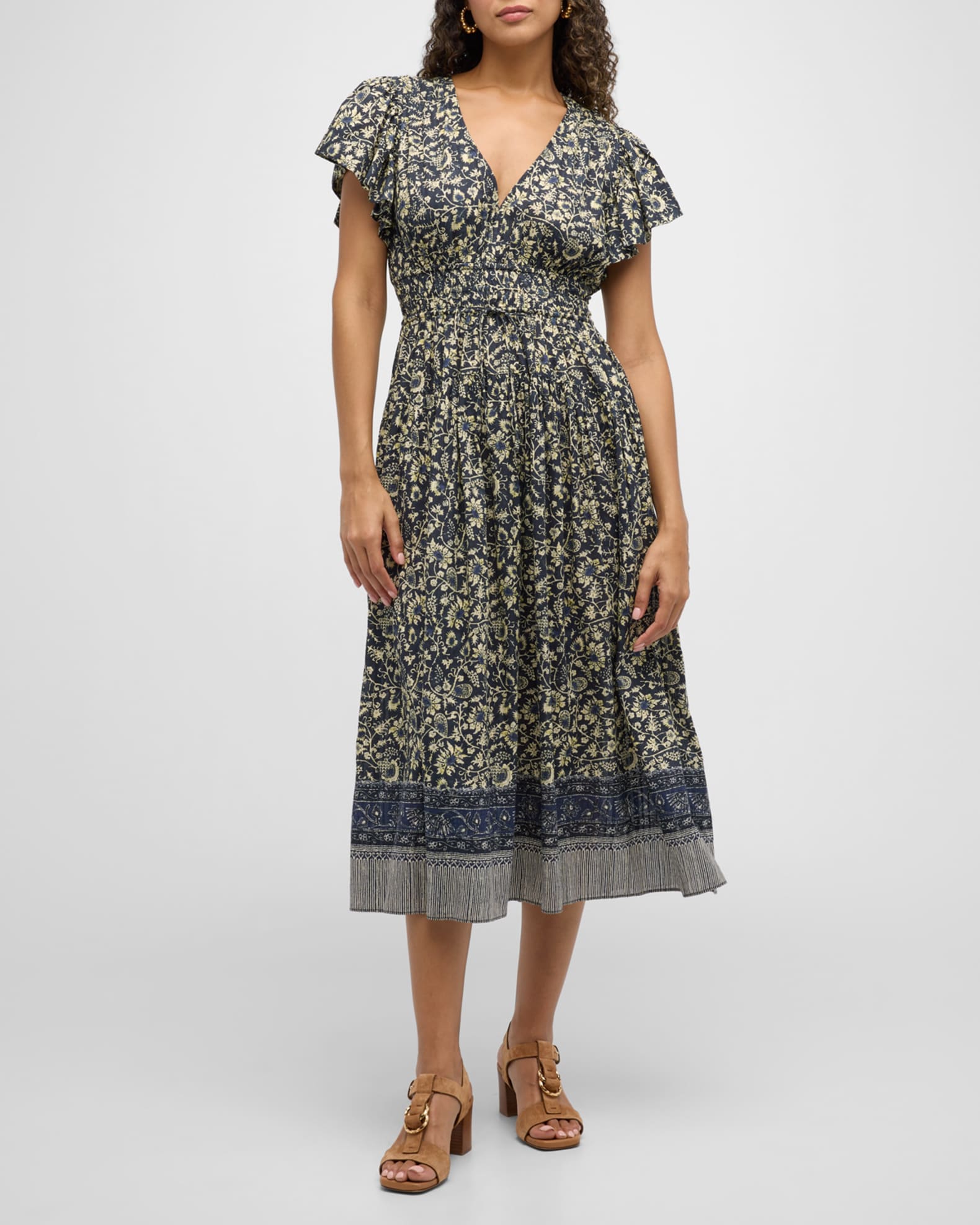 Lyria Flutter-Sleeve Floral Midi Dress 1