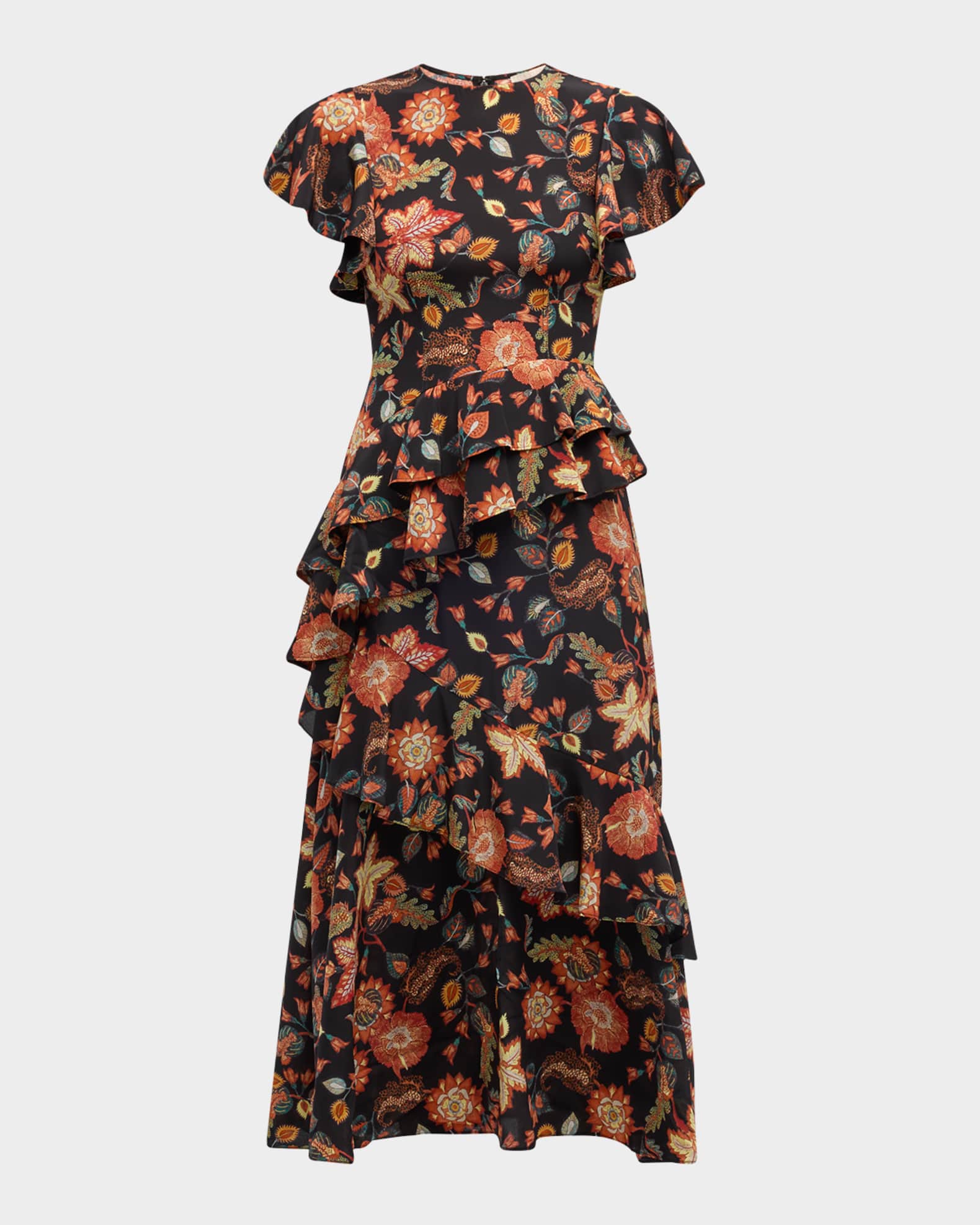 Amaia Floral-Print Ruffle Midi Dress 0