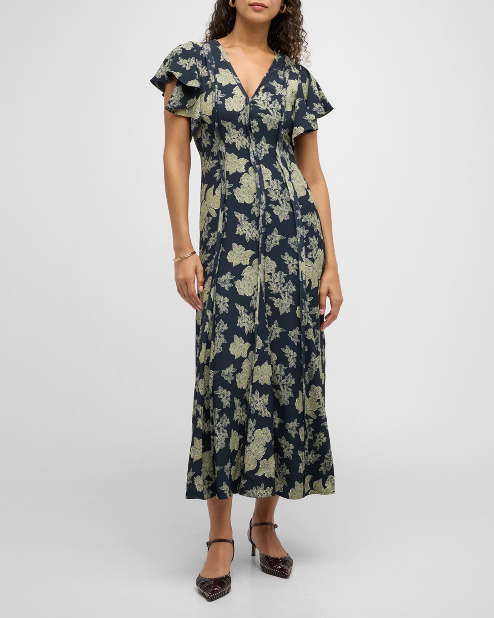 Evette Seamed Floral-Print Midi Dress 1