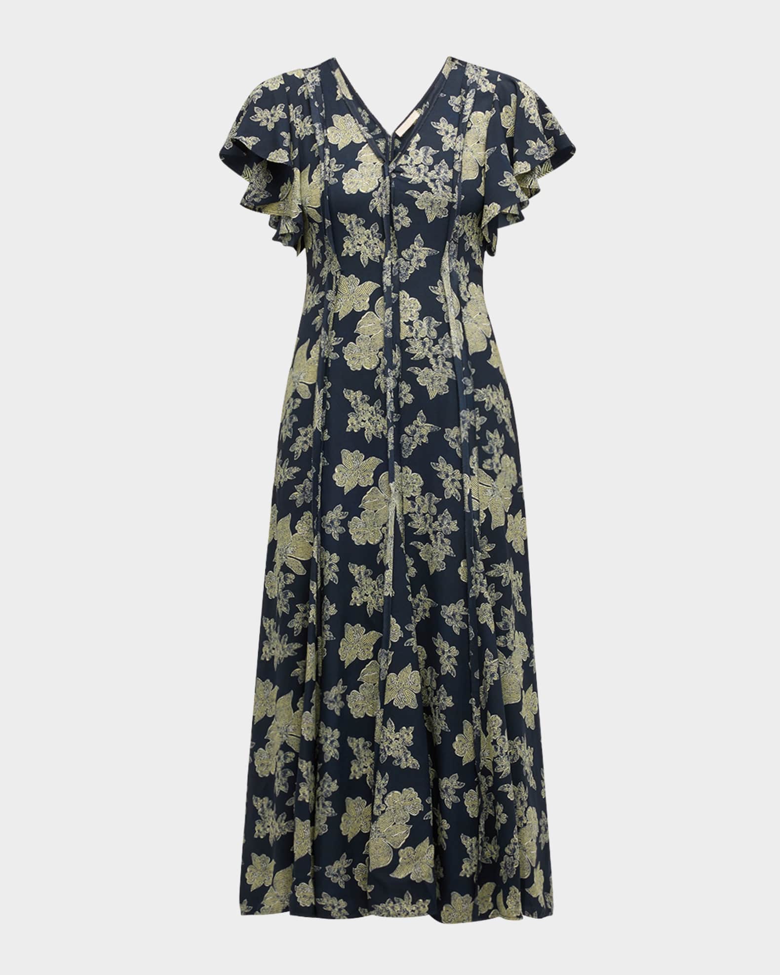 Evette Seamed Floral-Print Midi Dress 0
