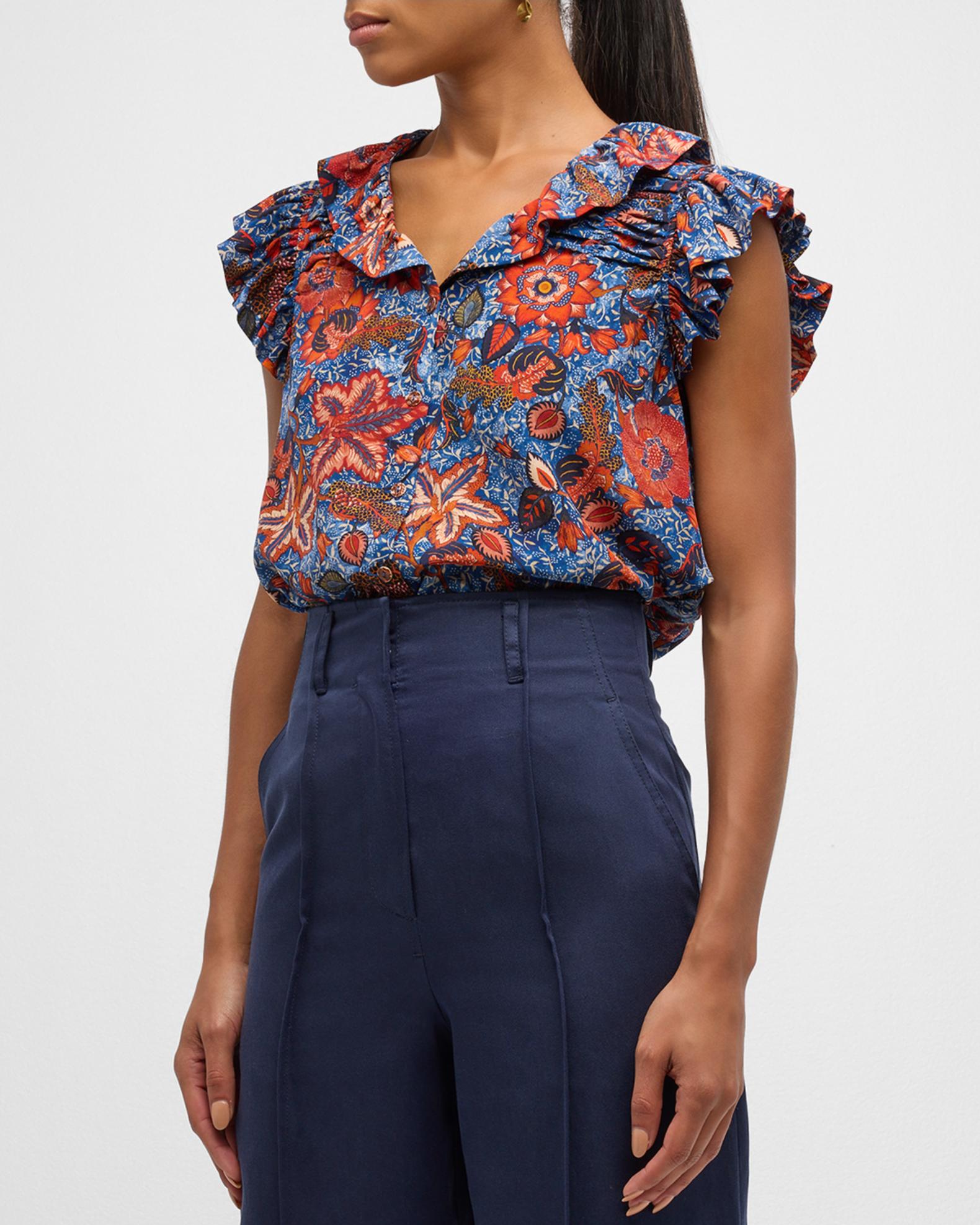 Ulla Johnson Ivette Floral-Print Ruffle Silk Top | Neiman Marcus