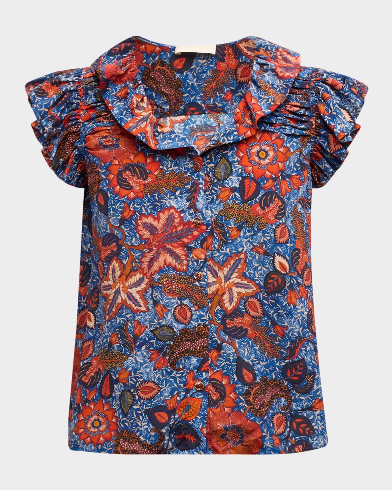 Ivette Floral-Print Ruffle Silk Top 0