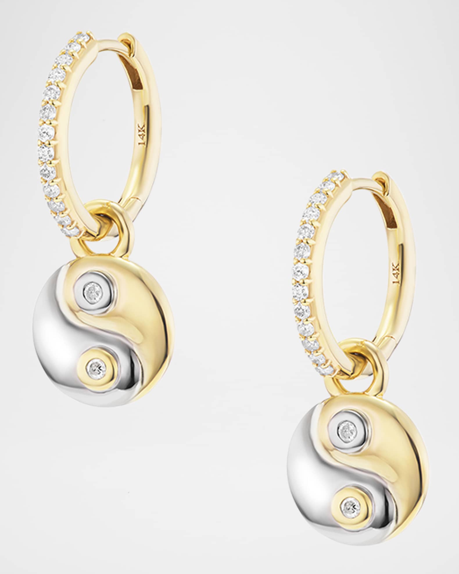 Sheryl Lowe Two Tone Yin Yang Charm with Diamond Bezels on Pave Huggie Hoop Earrings Neiman Marcus