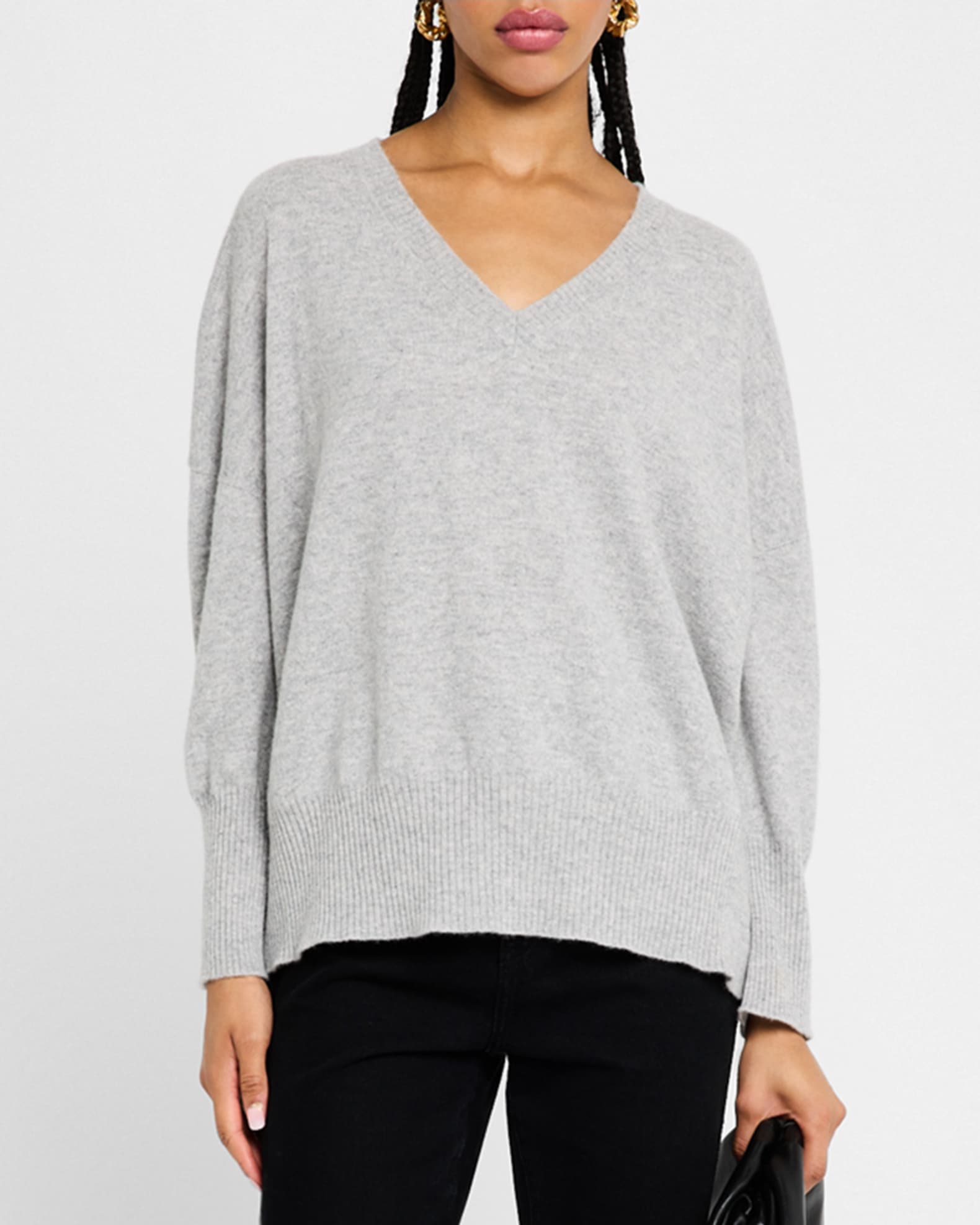 Neiman Marcus Cashmere Collection Cashmere V Neck Sweater Grey Women s L Sweaters Cashmere Sweaters