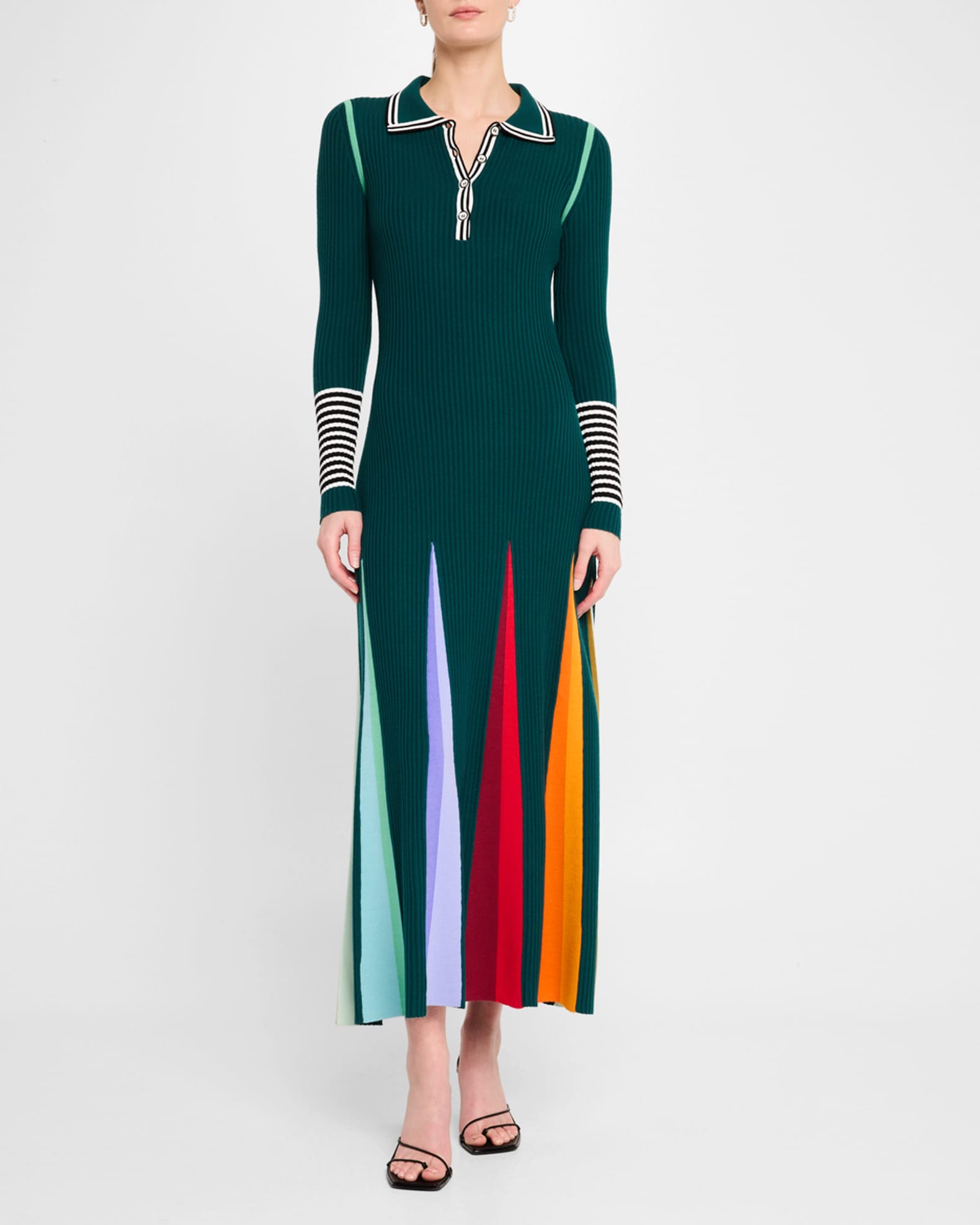 Multicolor Godet-Skirt Rib Maxi Polo Dress 1