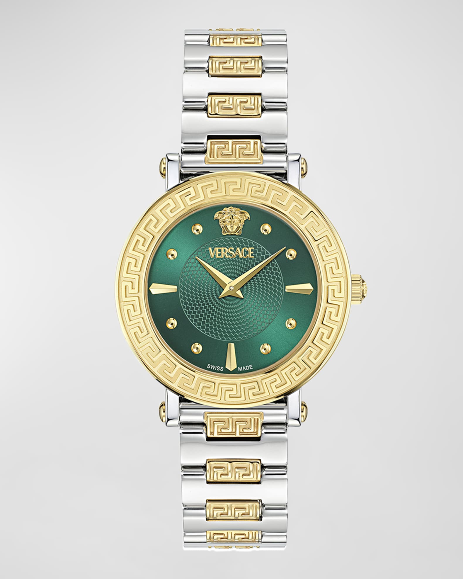 Versace 35mm Greca Sphere Watch with Bracelet Strap Two Tone Green Neiman Marcus