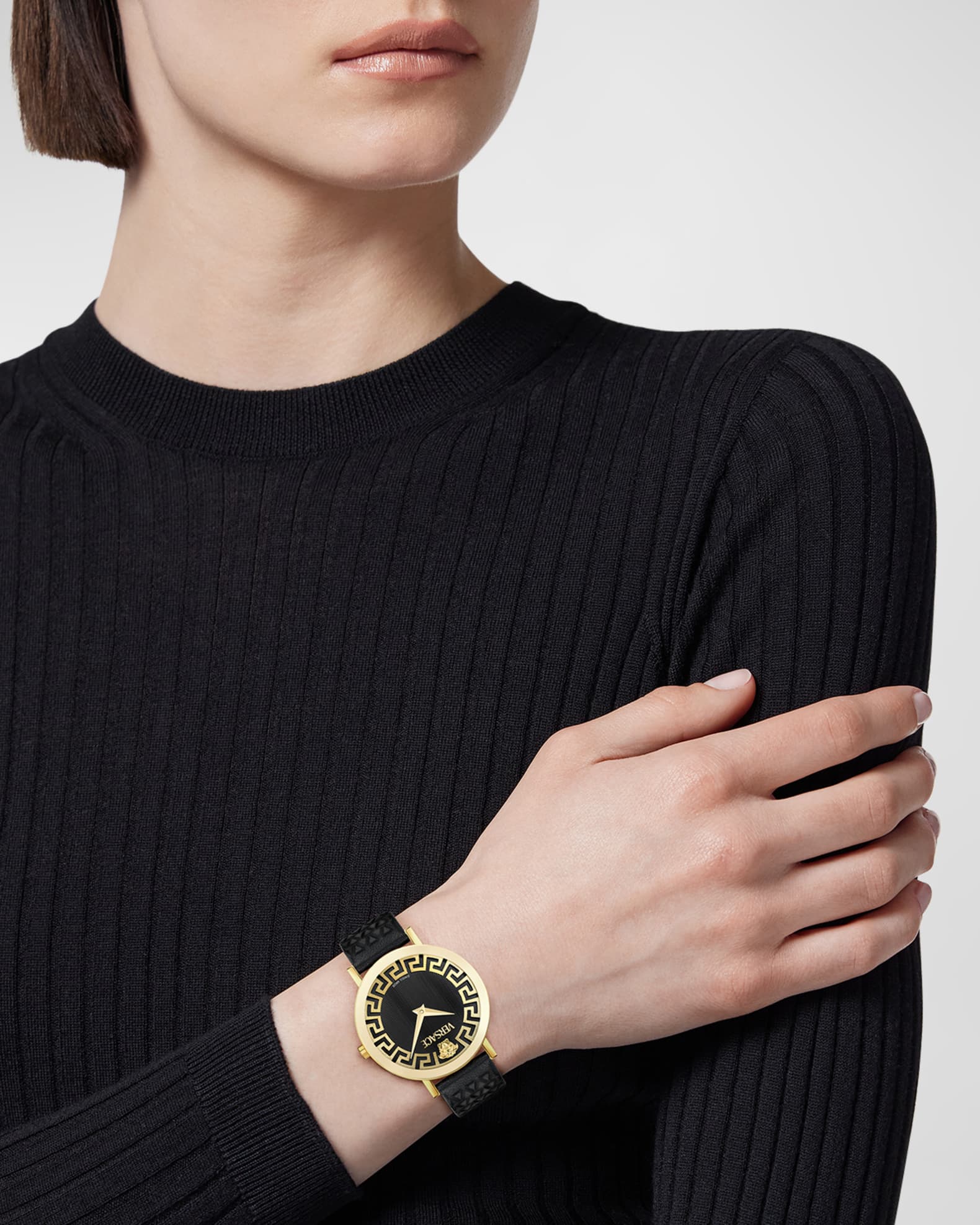 Versace 35mm Daedalus Watch with Leather Strap, Gold/Black Neiman Marcus