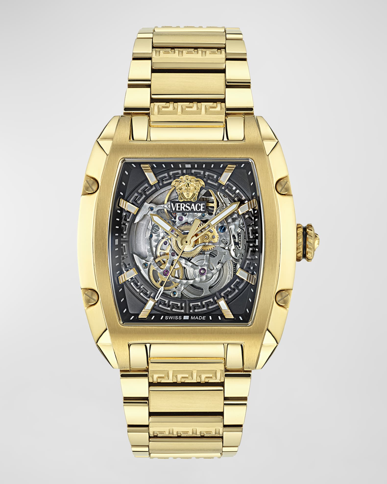Versace Men s Dominus IP Yellow Gold Skeleton Dial Bracelet Watch 42x49.5mm Neiman Marcus