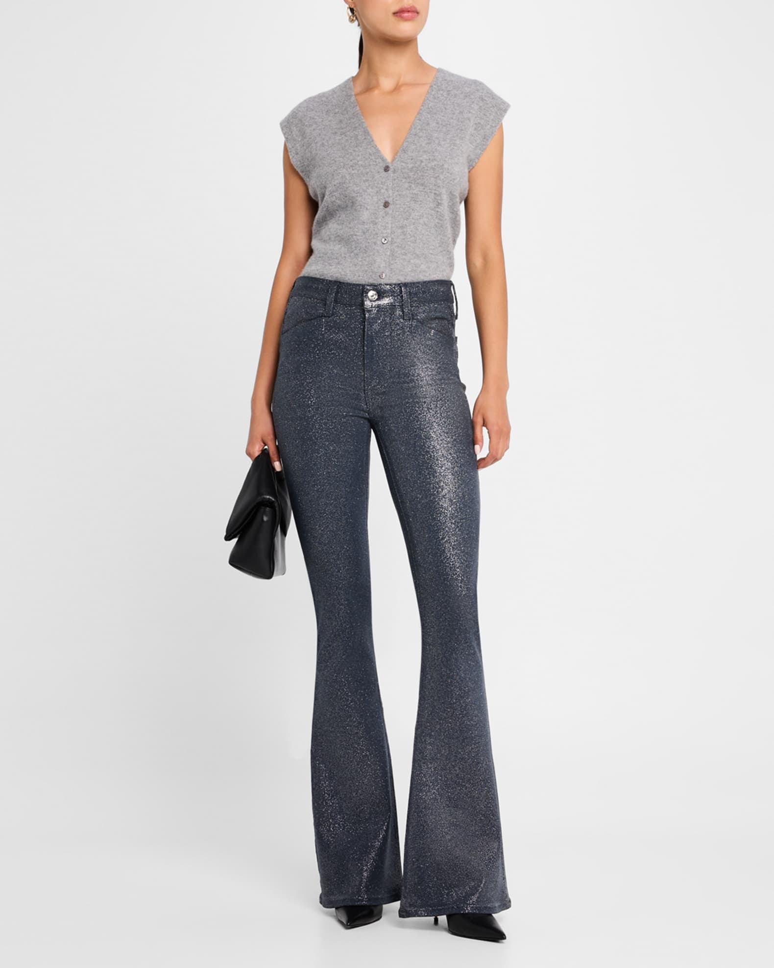 Paige High Rise Lou Flare Jean Navy Silver Glitter Luxe Coating Blue Size 25