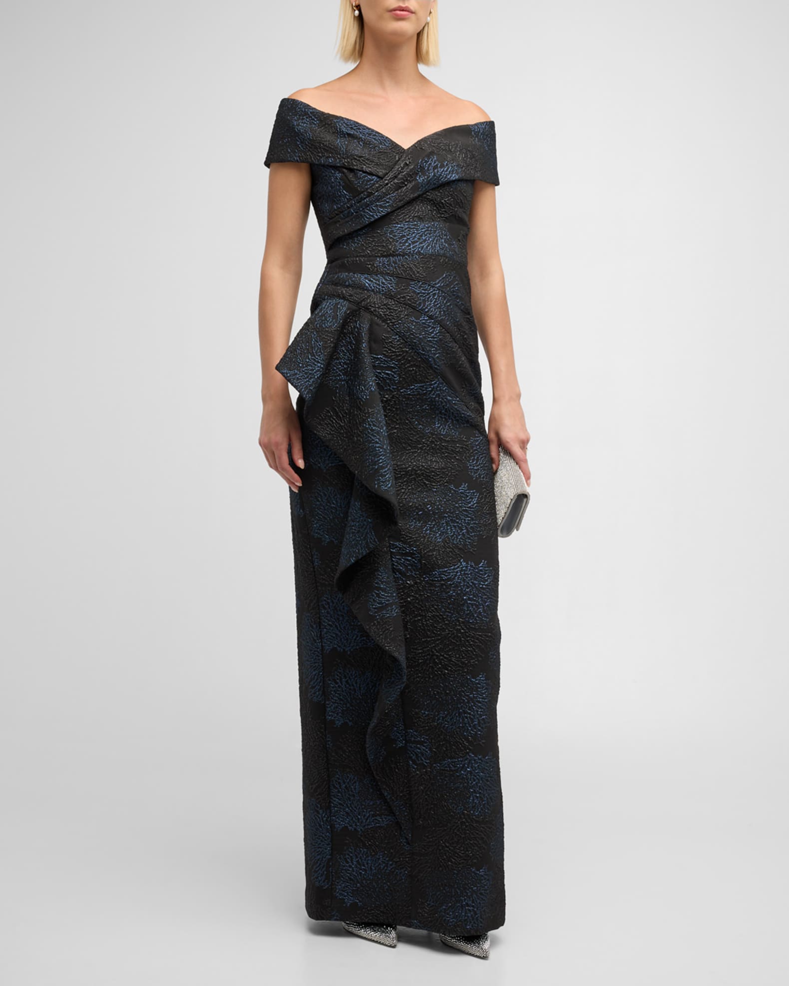 Jacquard Sheath Off-Shoulder 3/4 Sleeve Ruched Long Evening Dresses with Train