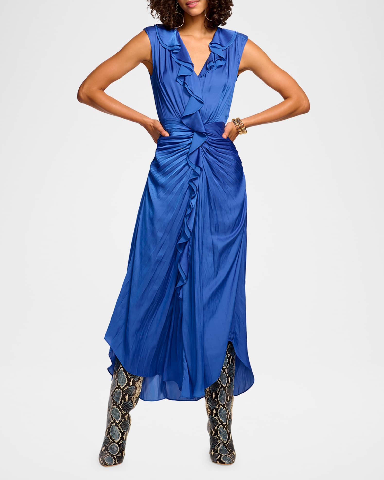 Ramy Brook Olive Ruffle V Neck Midi Dress in Lapis 10