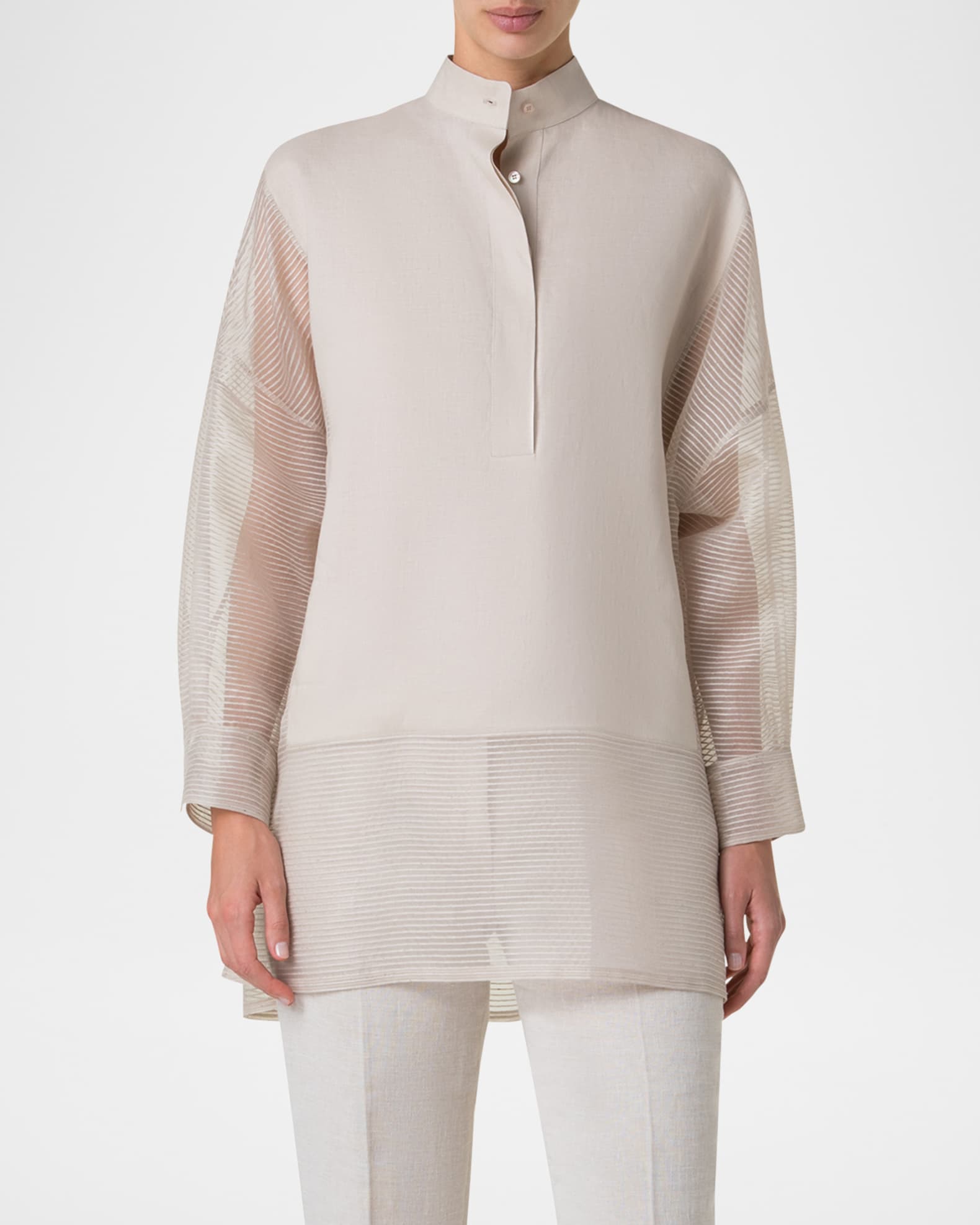 Mixed-Media Linen Toile Striped Organza Tunic Blouse 1