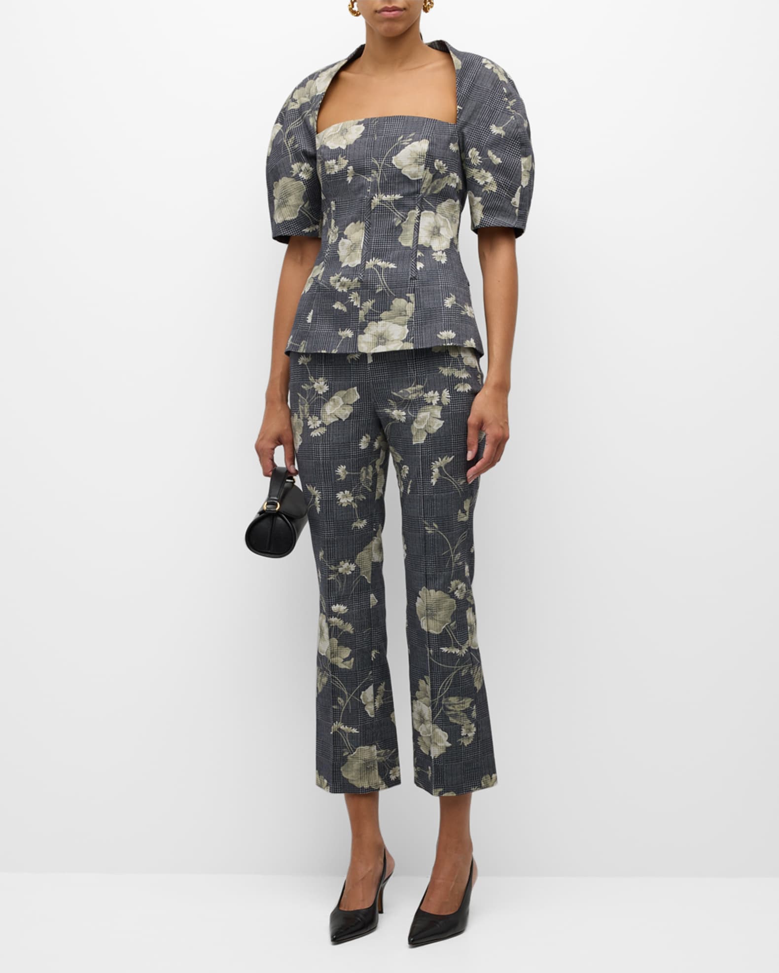Floral Check Short-Sleeve Bustier Top 1