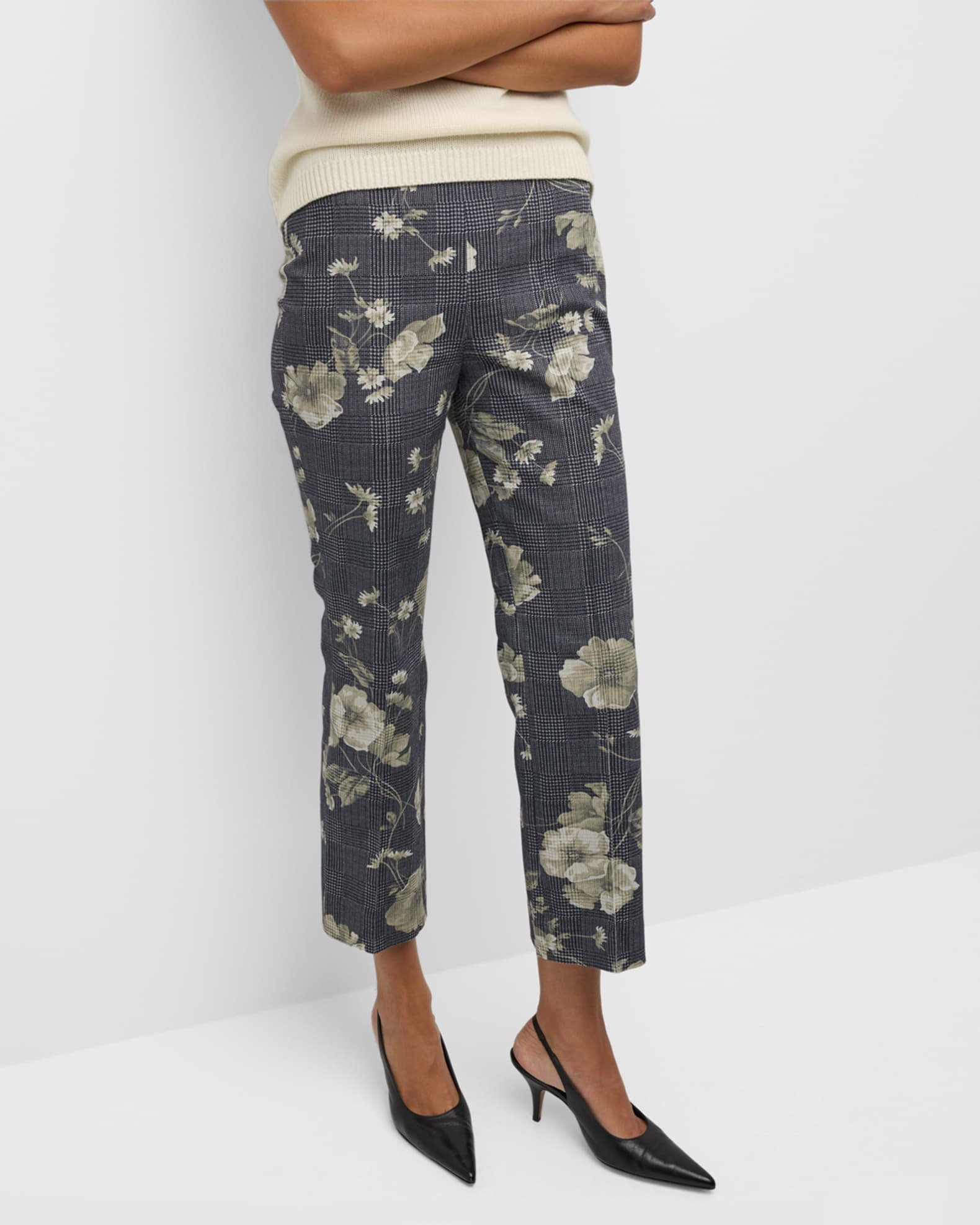 Lela Rose Floral Check-Print Kickflare Ankle Pants | Neiman