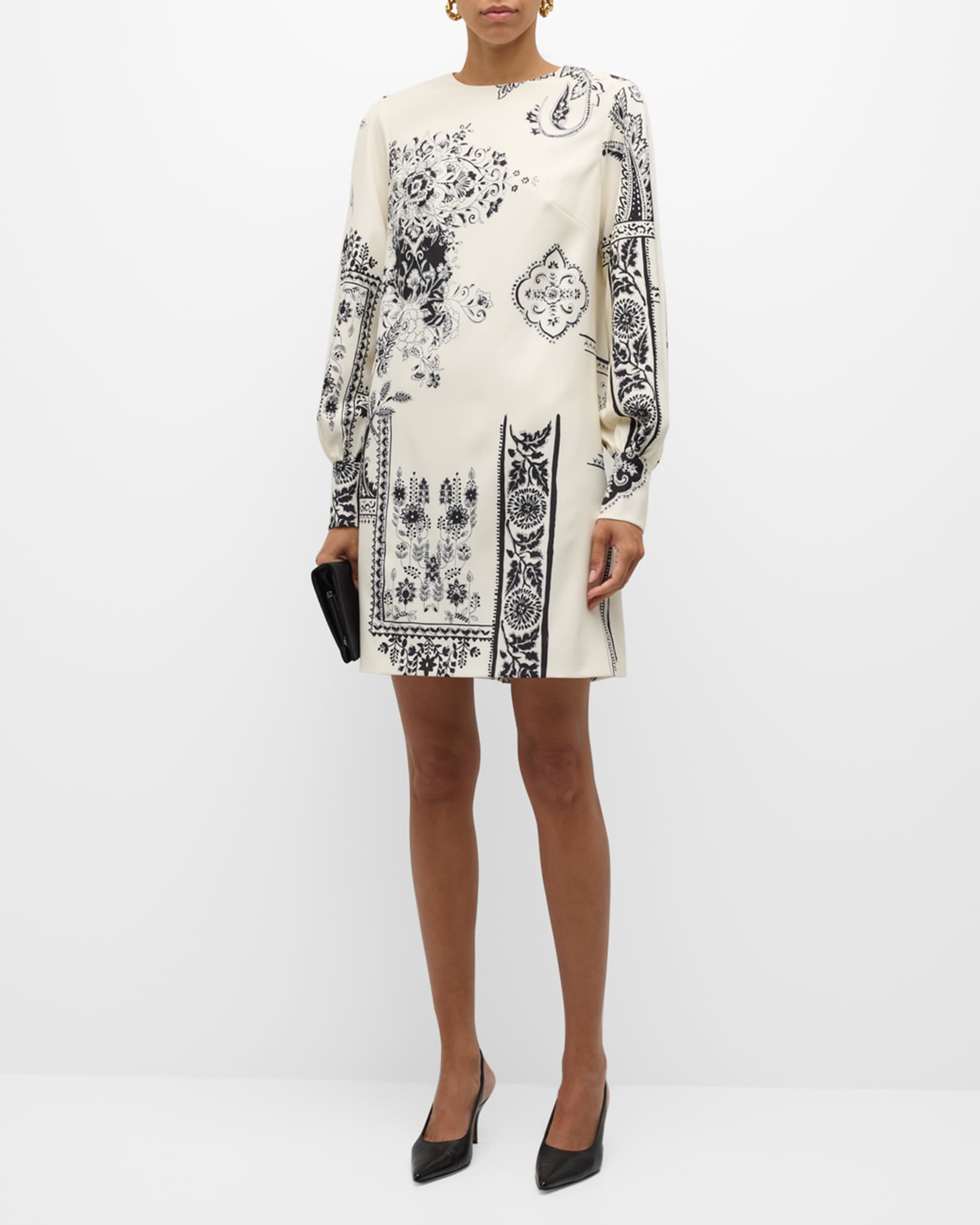 Pleated Long-Sleeve Mini Shift Dress 1
