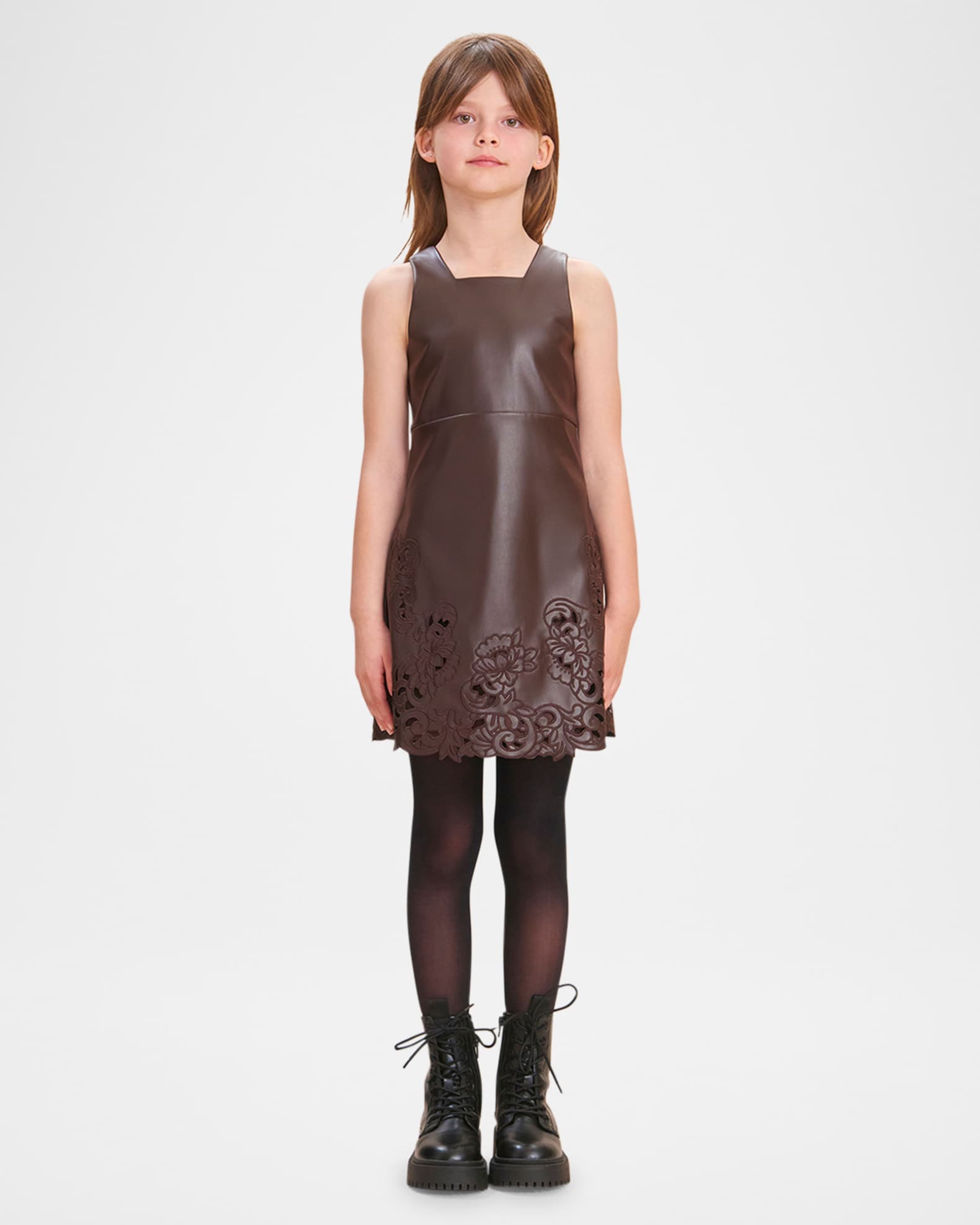 Girl's Minji Faux Leather Embroidered Dress, Size 4-12 0