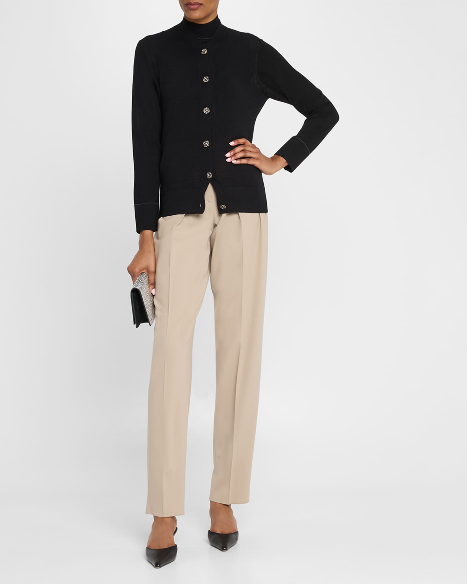 V-Neck Crystal-Button Merino Knit Cardigan 1
